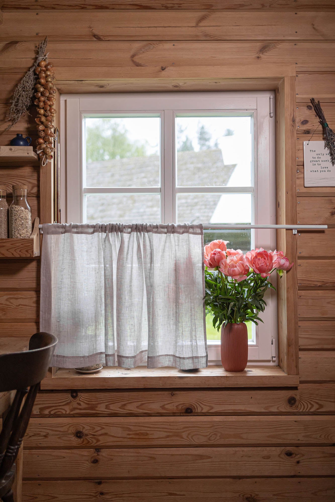 Sheer linen cafe curtain in white sand