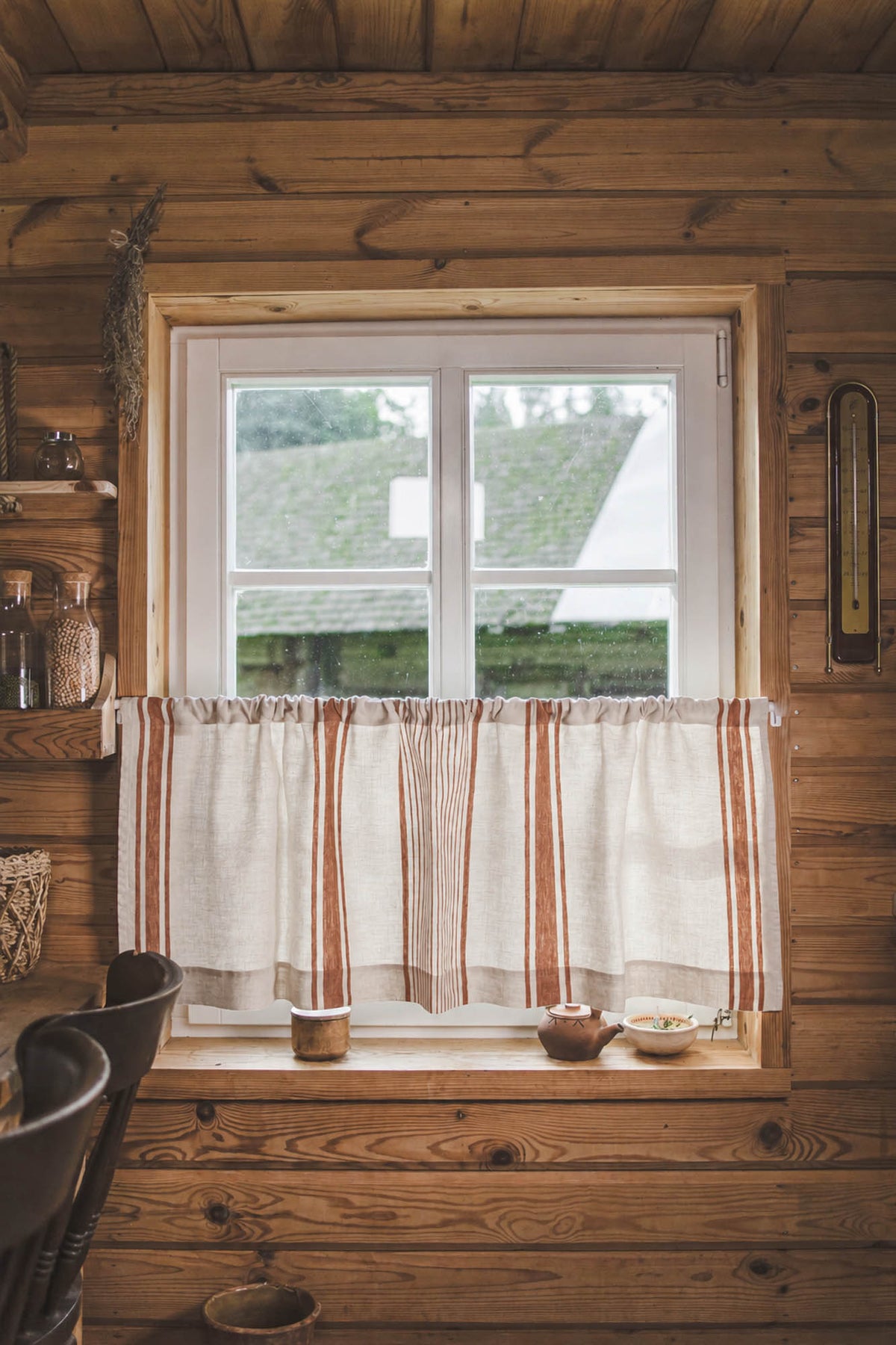 French style linen cafe curtain with classic burnt orange stripes
