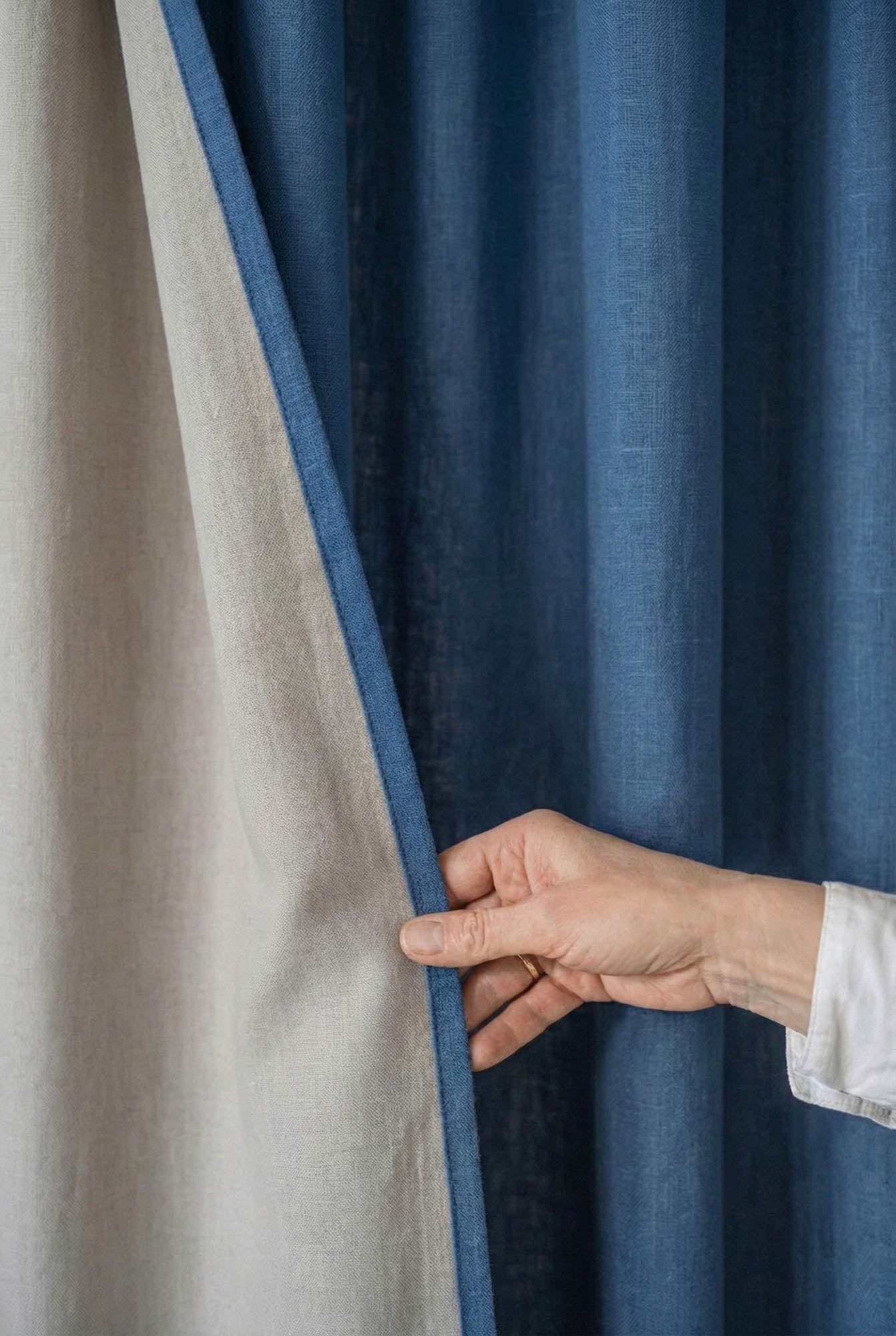 Cornflower blue linen blackout curtain with multifunctional heading tape