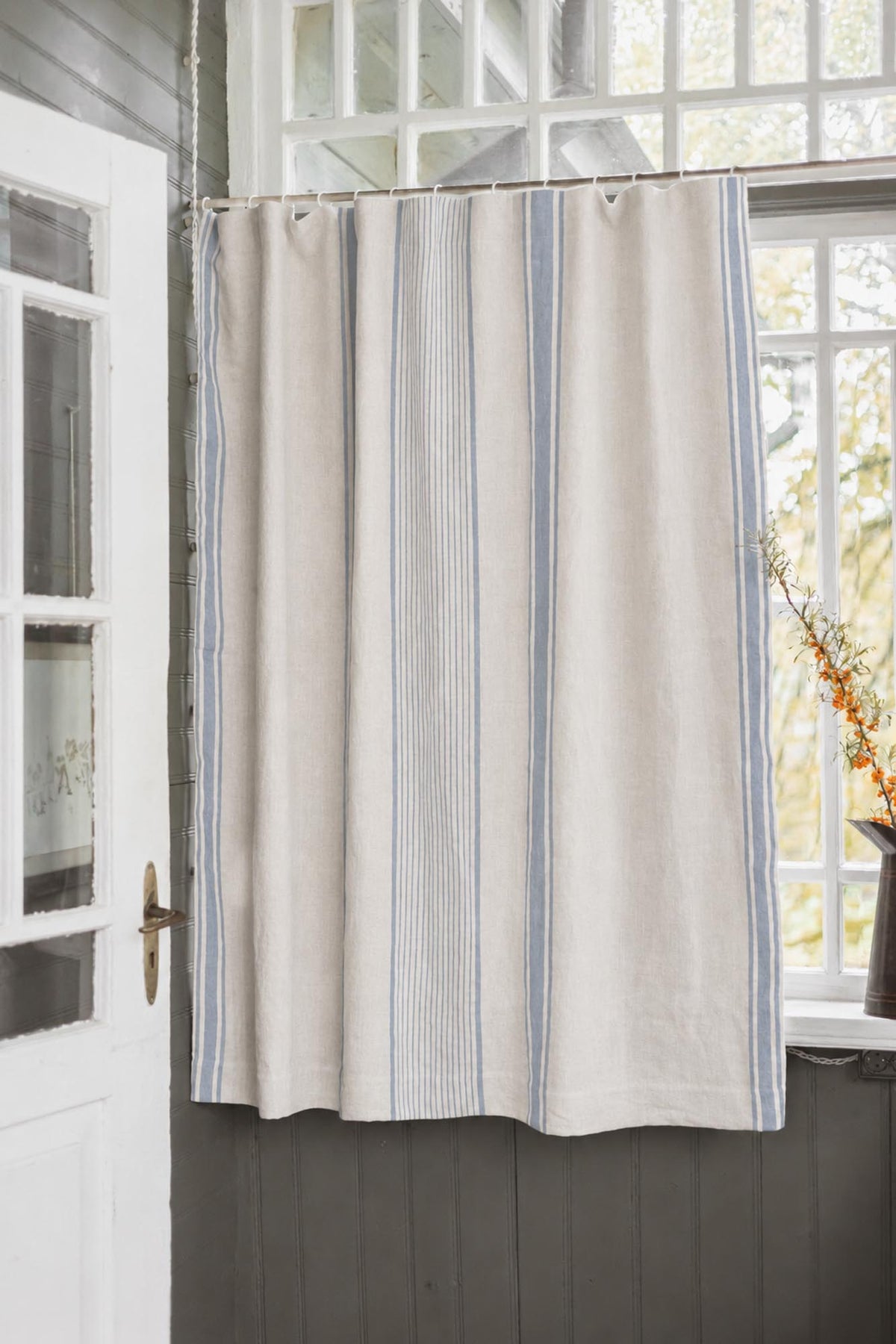 French style blackout linen curtain with coastal blue stripes and multifunctional heading tape