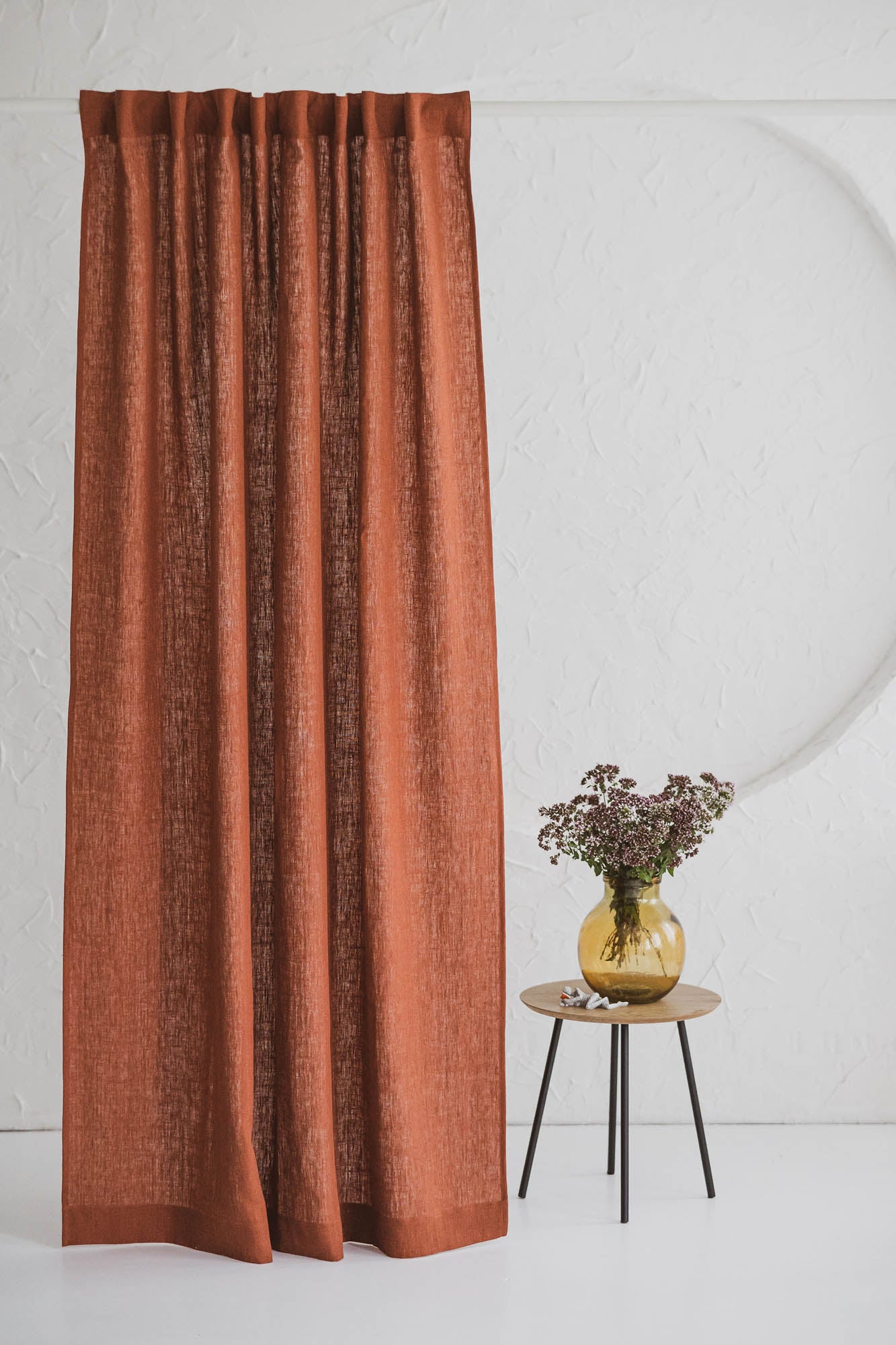 Heavyweight burnt orange linen curtain with multifunctional heading tape