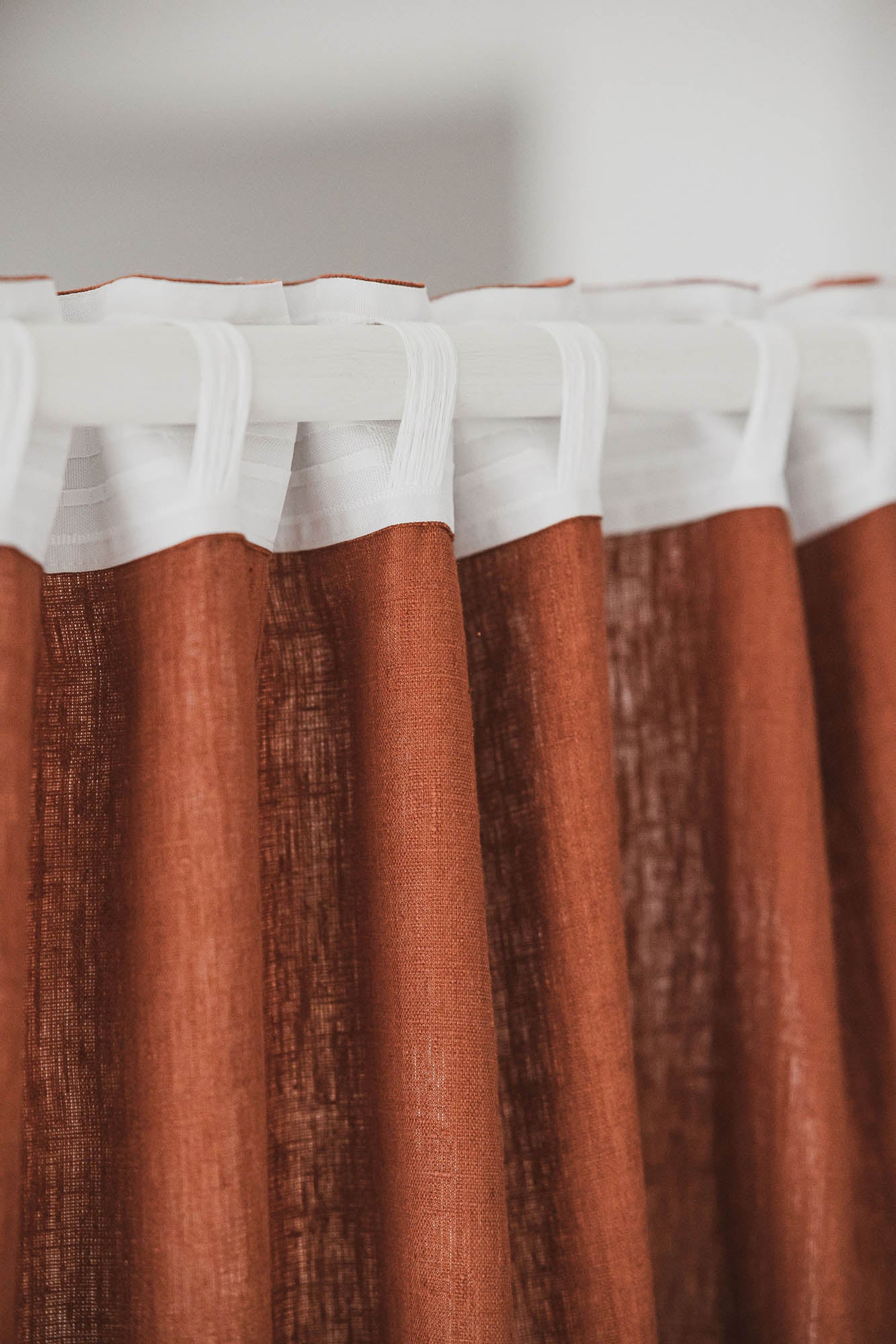 Heavyweight burnt orange linen curtain with multifunctional heading tape