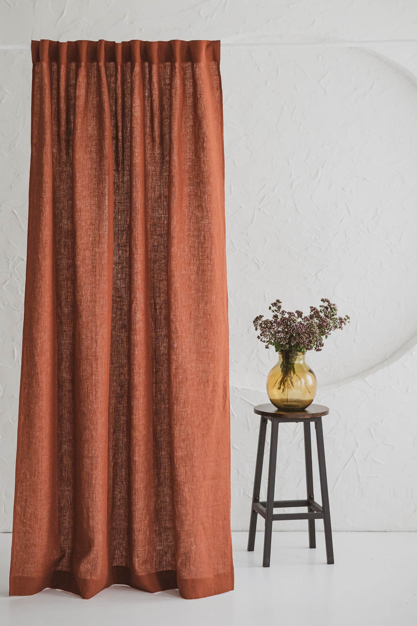 Burnt orange linen curtain with multifunctional heading tape