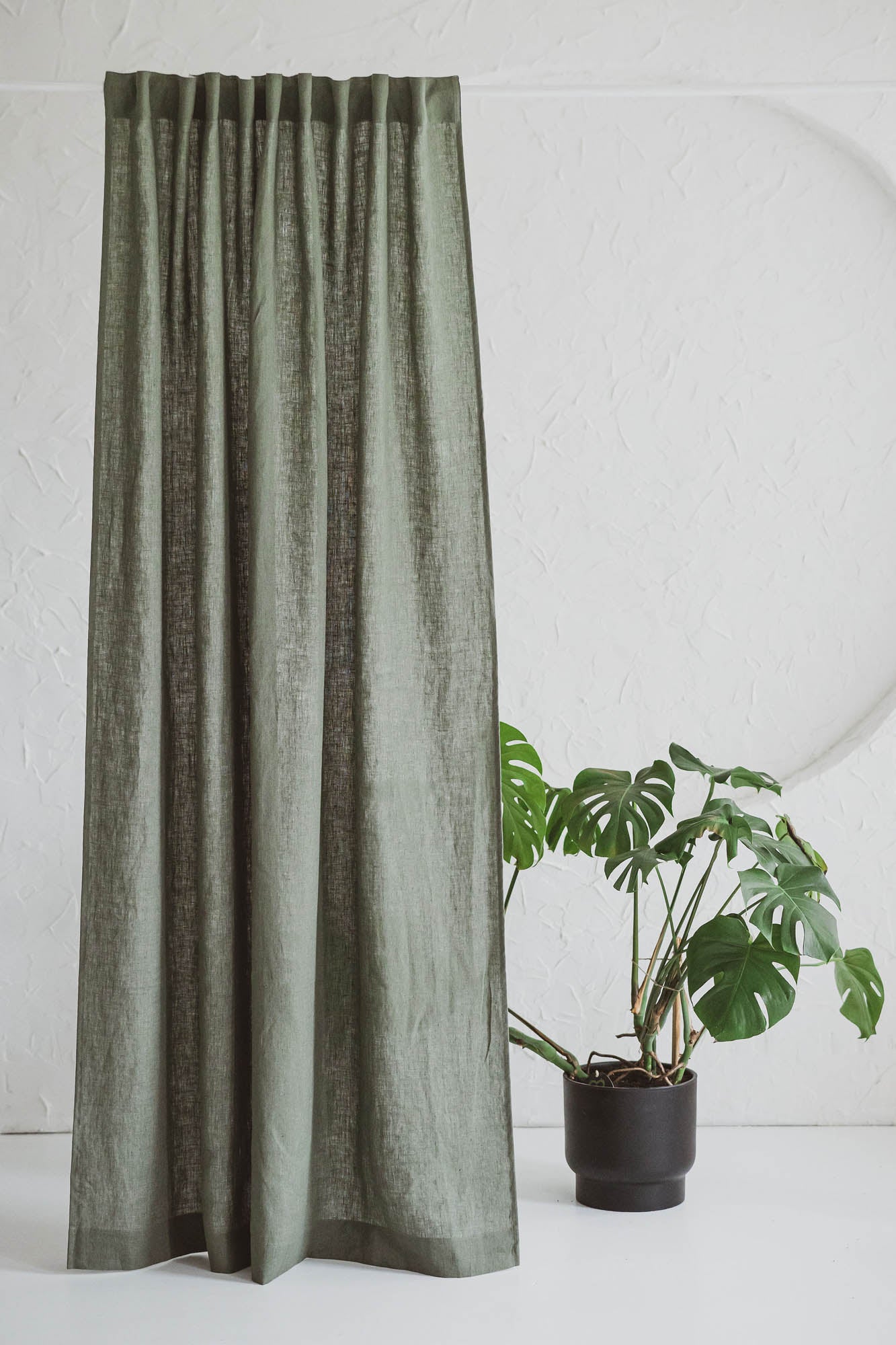 Gray green linen curtain with multifunctional heading tape