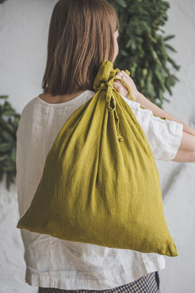 Olive linen Christmas gift bag