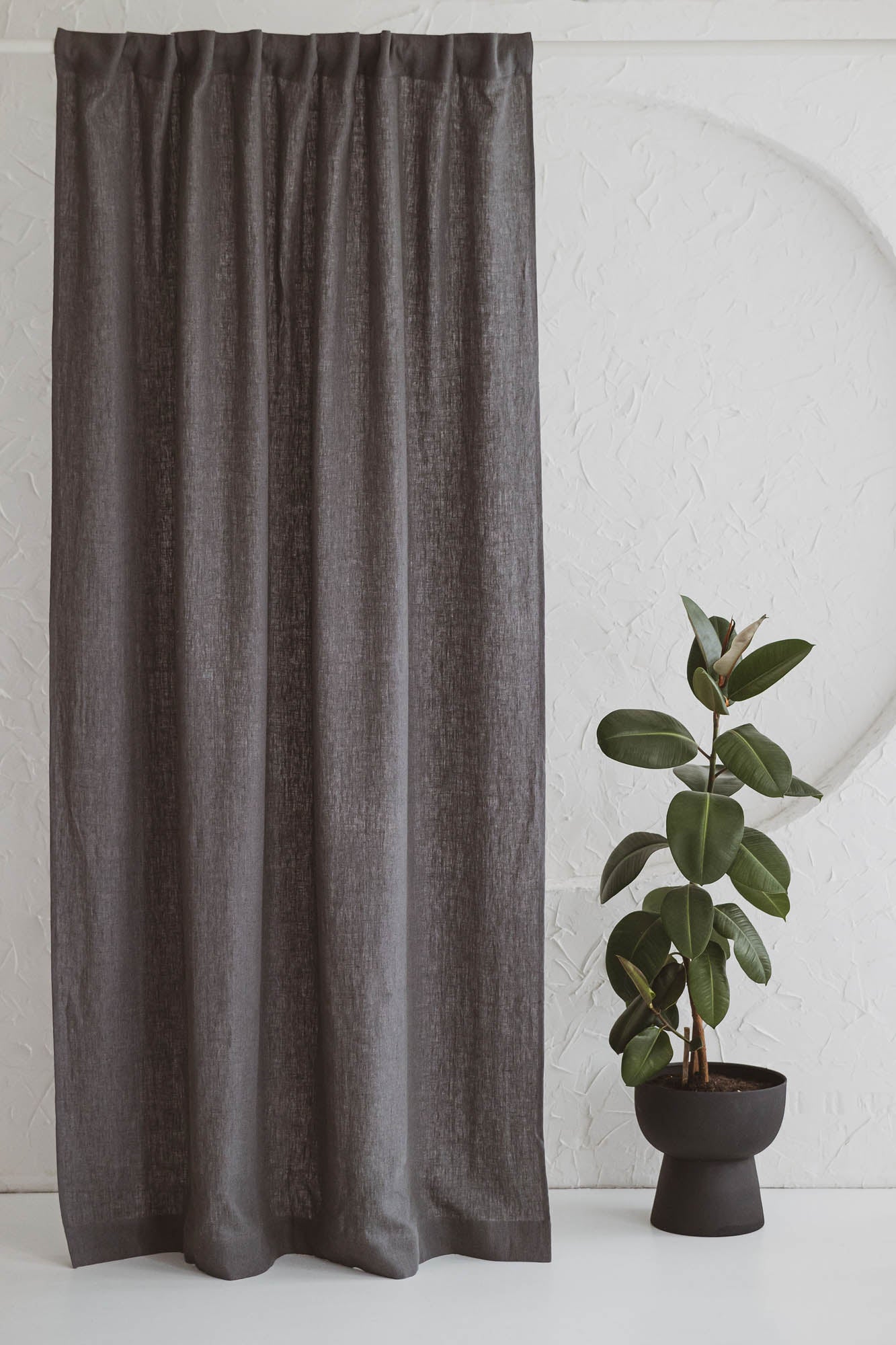 Heavyweight charcoal gray linen curtain with multifunctional heading tape