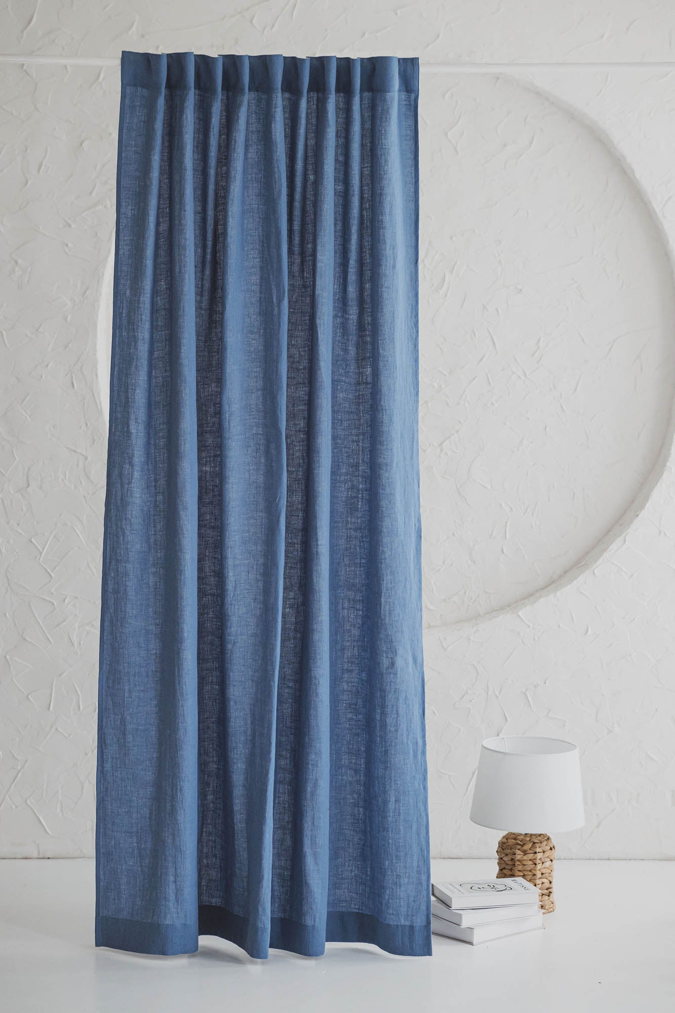 Denim blue linen curtain with multifunctional heading tape