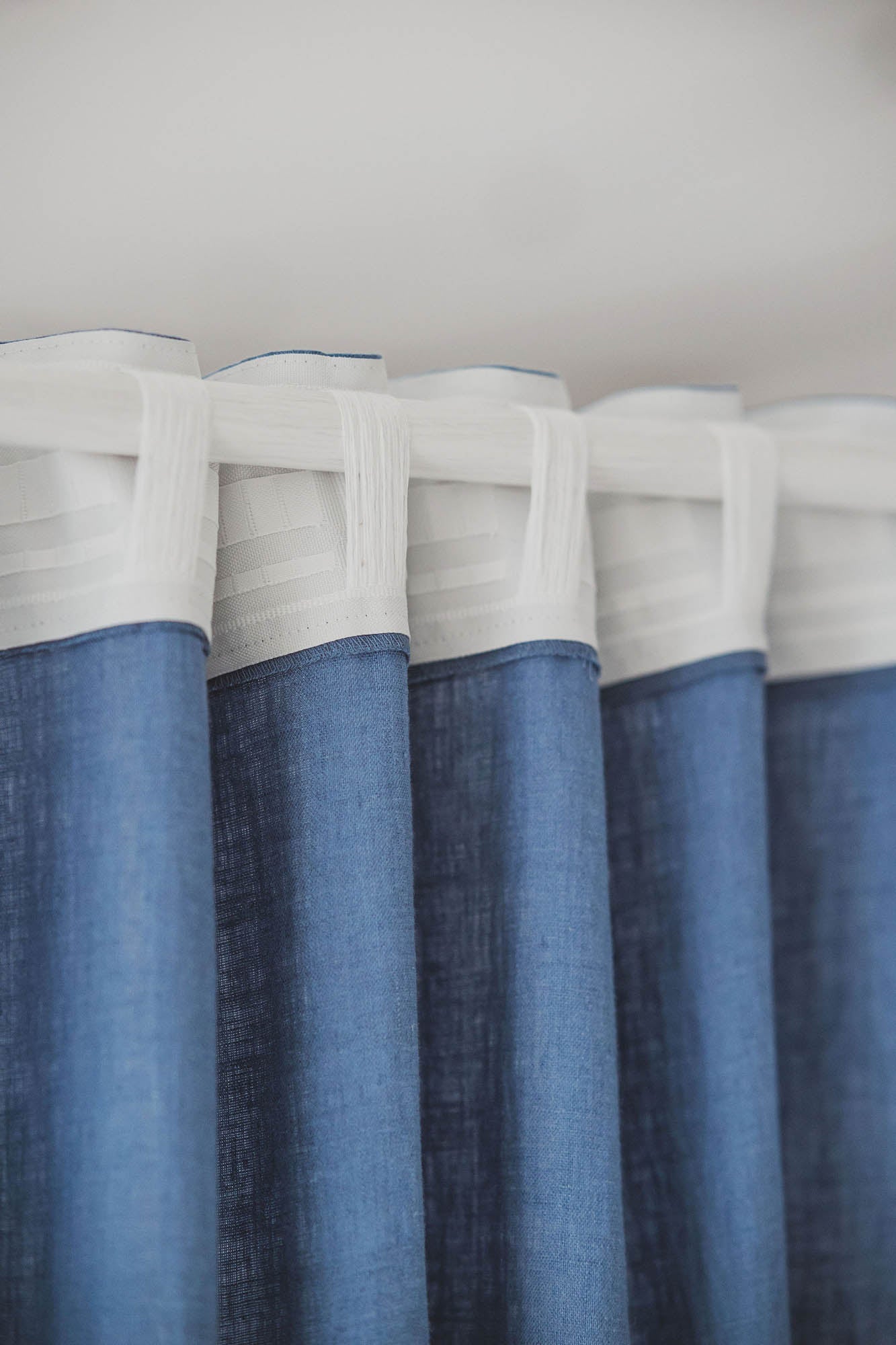 Denim blue linen curtain with multifunctional heading tape