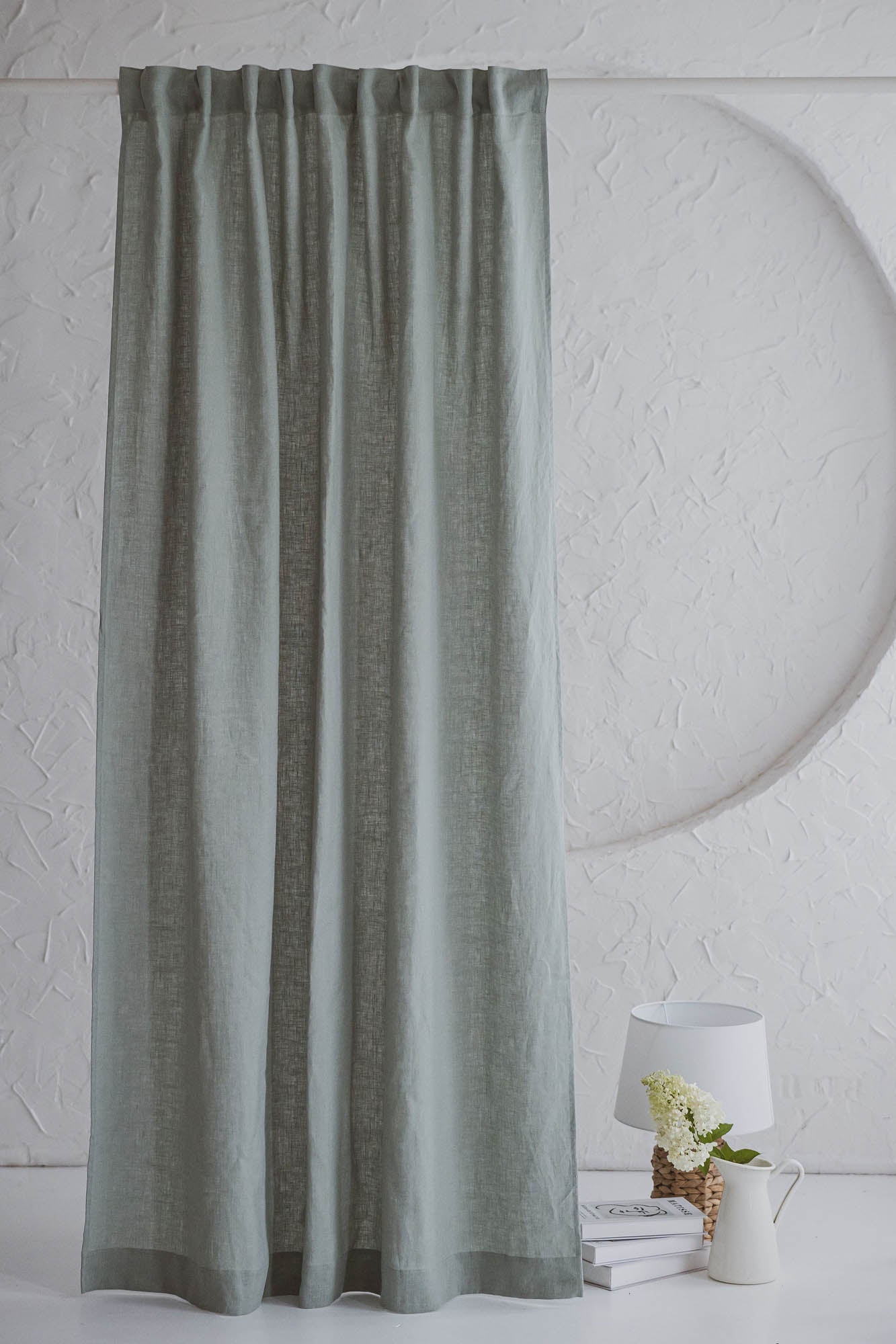 Frosty green linen curtain with multifunctional heading tape