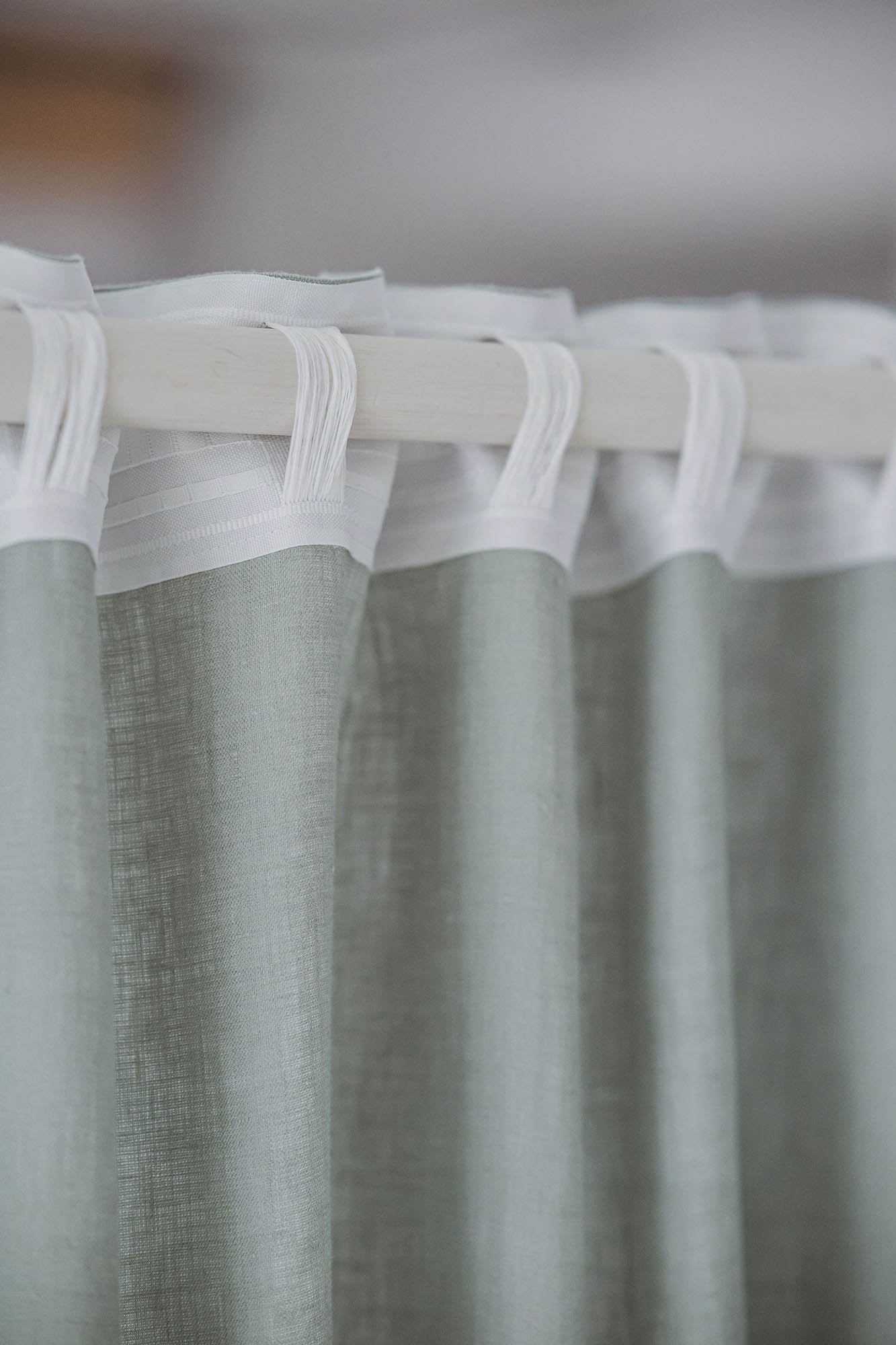 Frosty green linen curtain with multifunctional heading tape