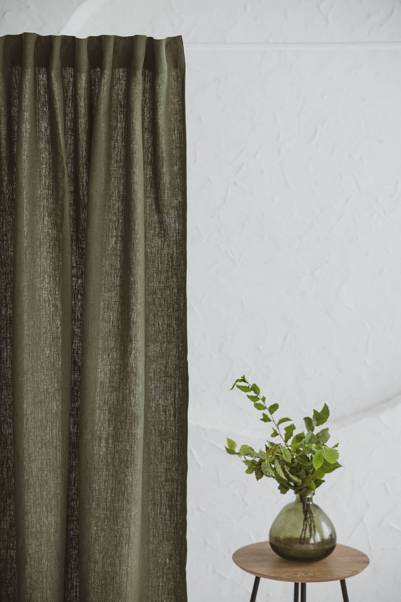 Heavyweight forest green linen curtain with multifunctional heading tape