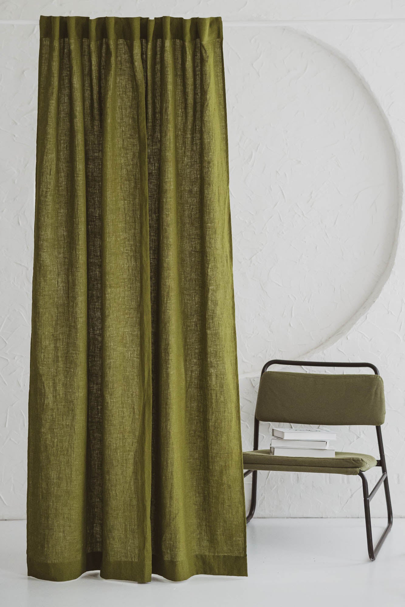 Moss green linen curtain with multifunctional heading tape
