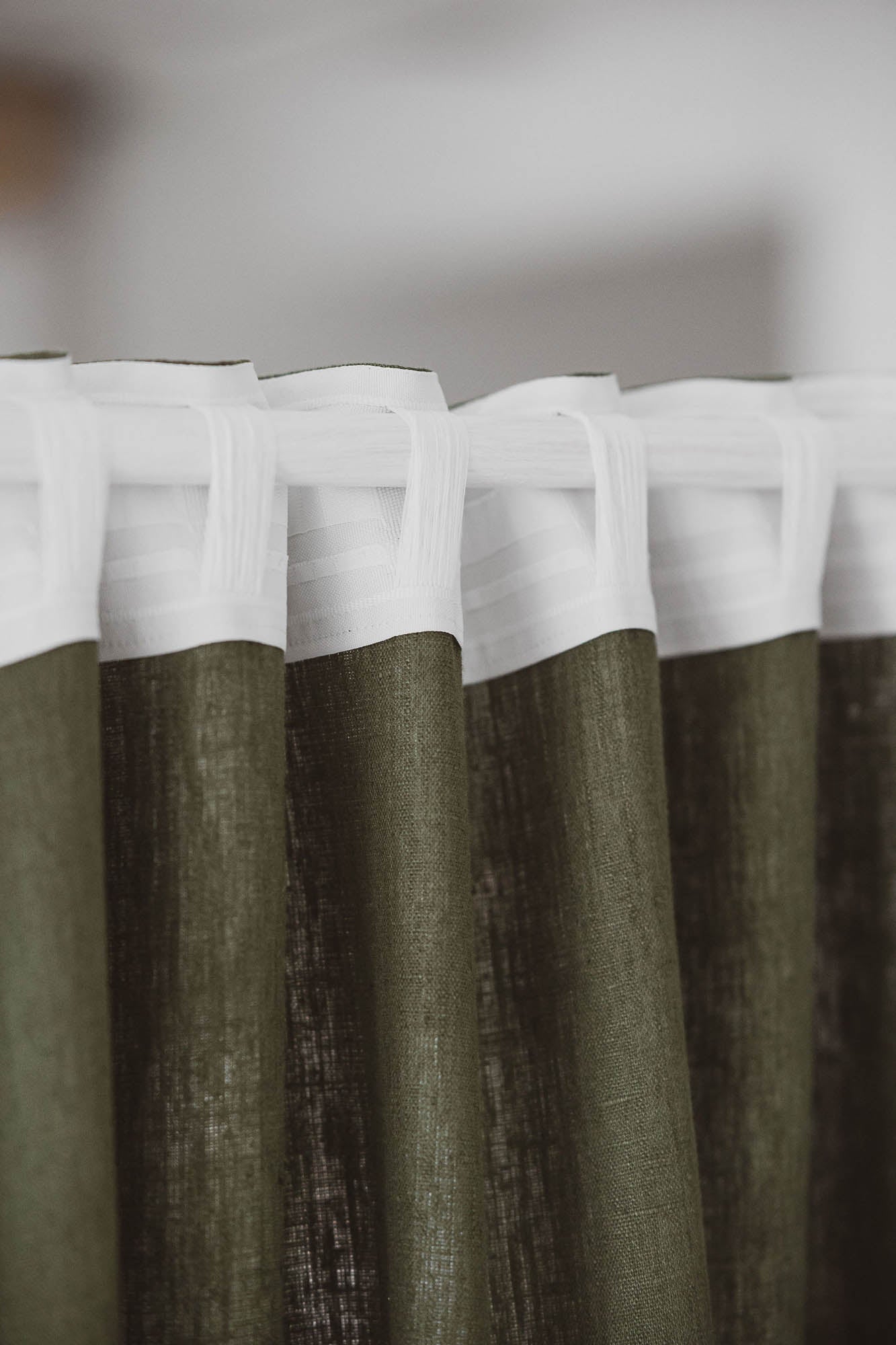 Heavyweight forest green linen curtain with multifunctional heading tape