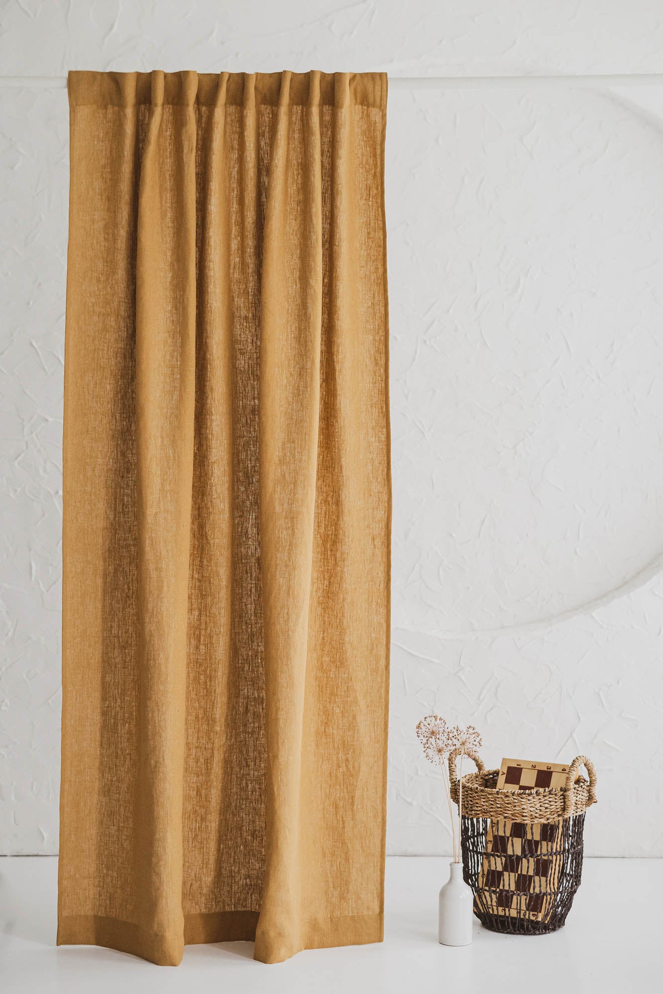 Heavyweight camel linen curtain with multifunctional heading tape