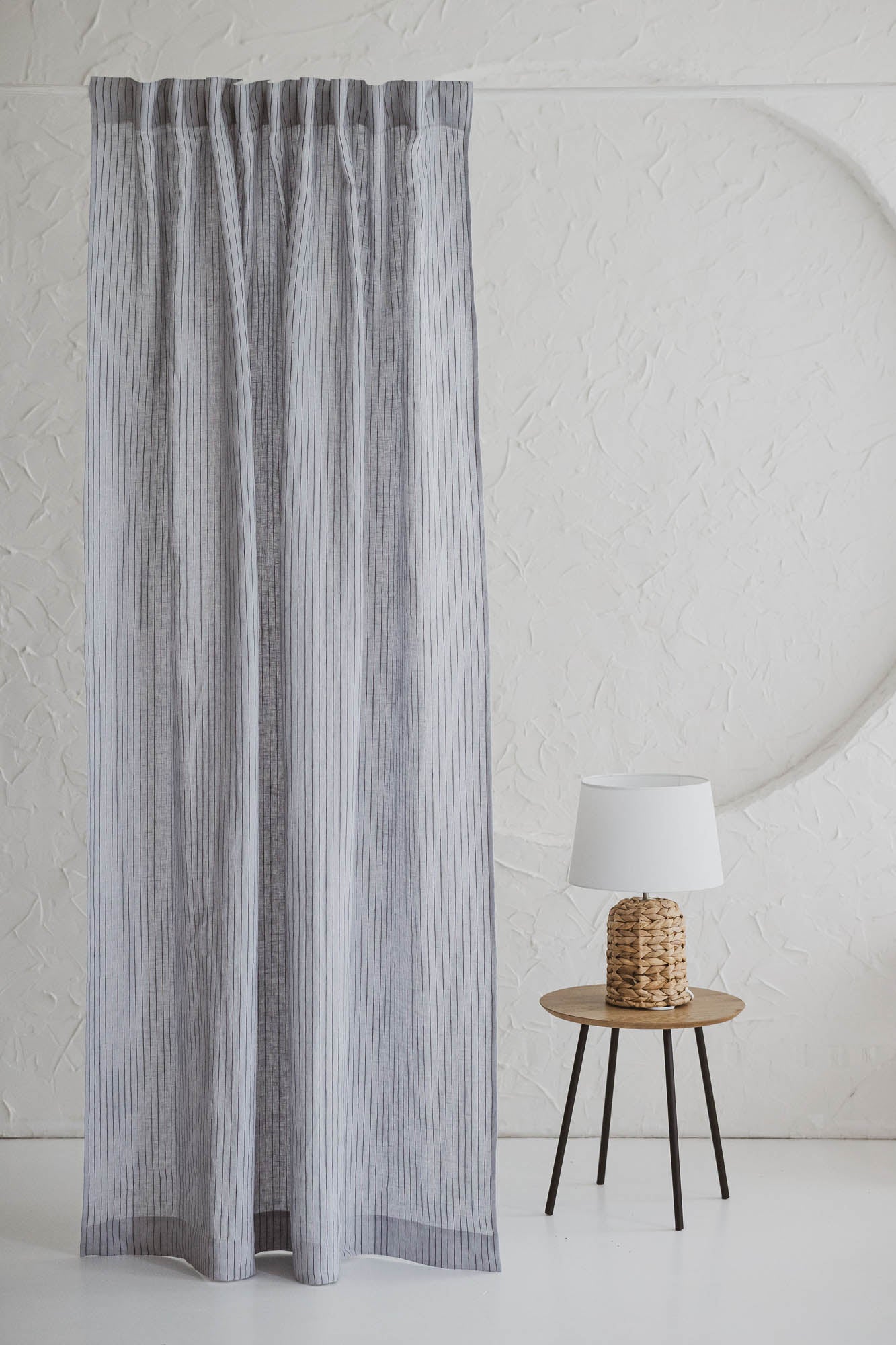 Grey and black striped linen curtain with multifunctional heading tape