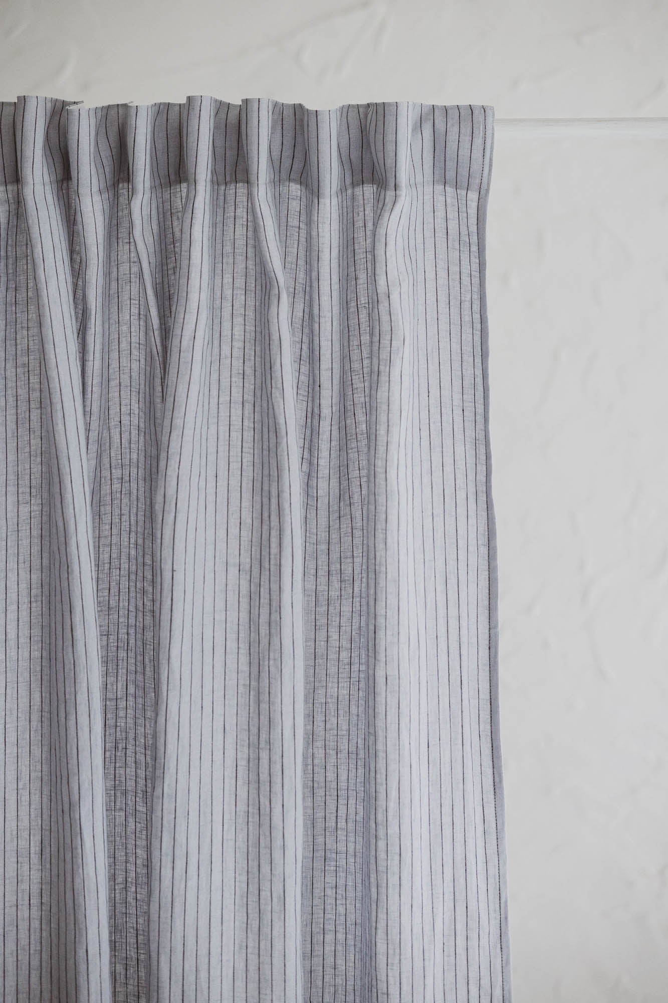 Grey and black striped linen curtain with multifunctional heading tape