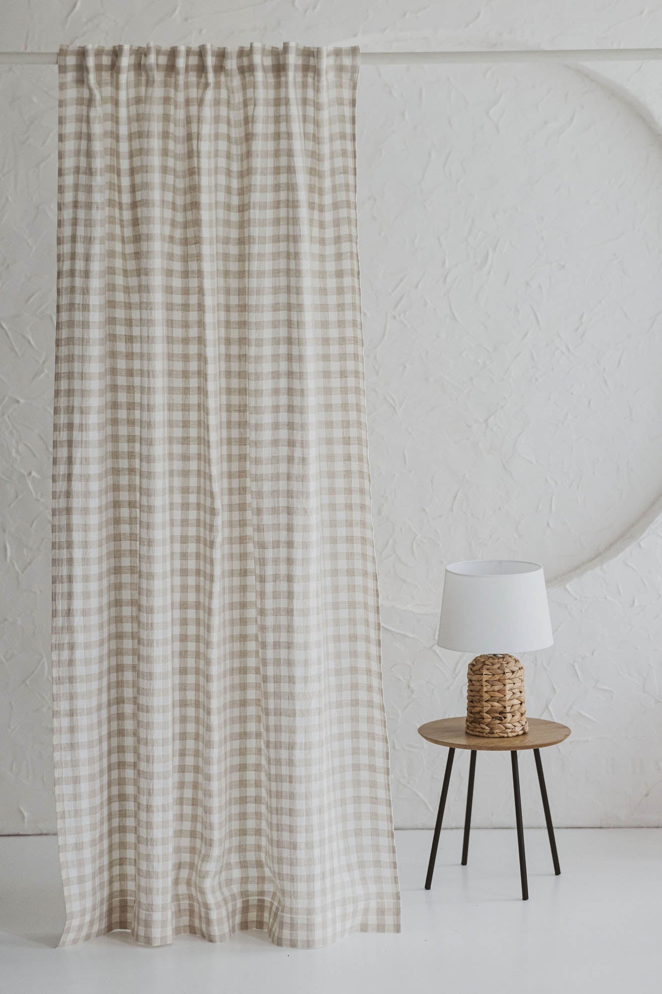Checkered linen curtain with multifunctional heading tape