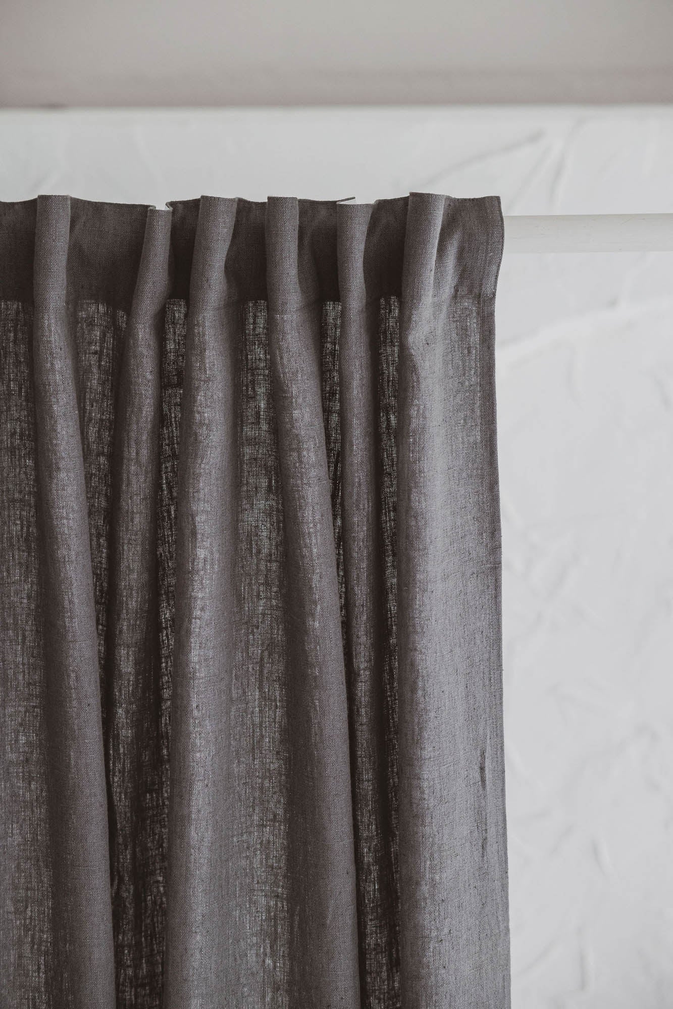 Heavyweight charcoal gray linen curtain with multifunctional heading tape
