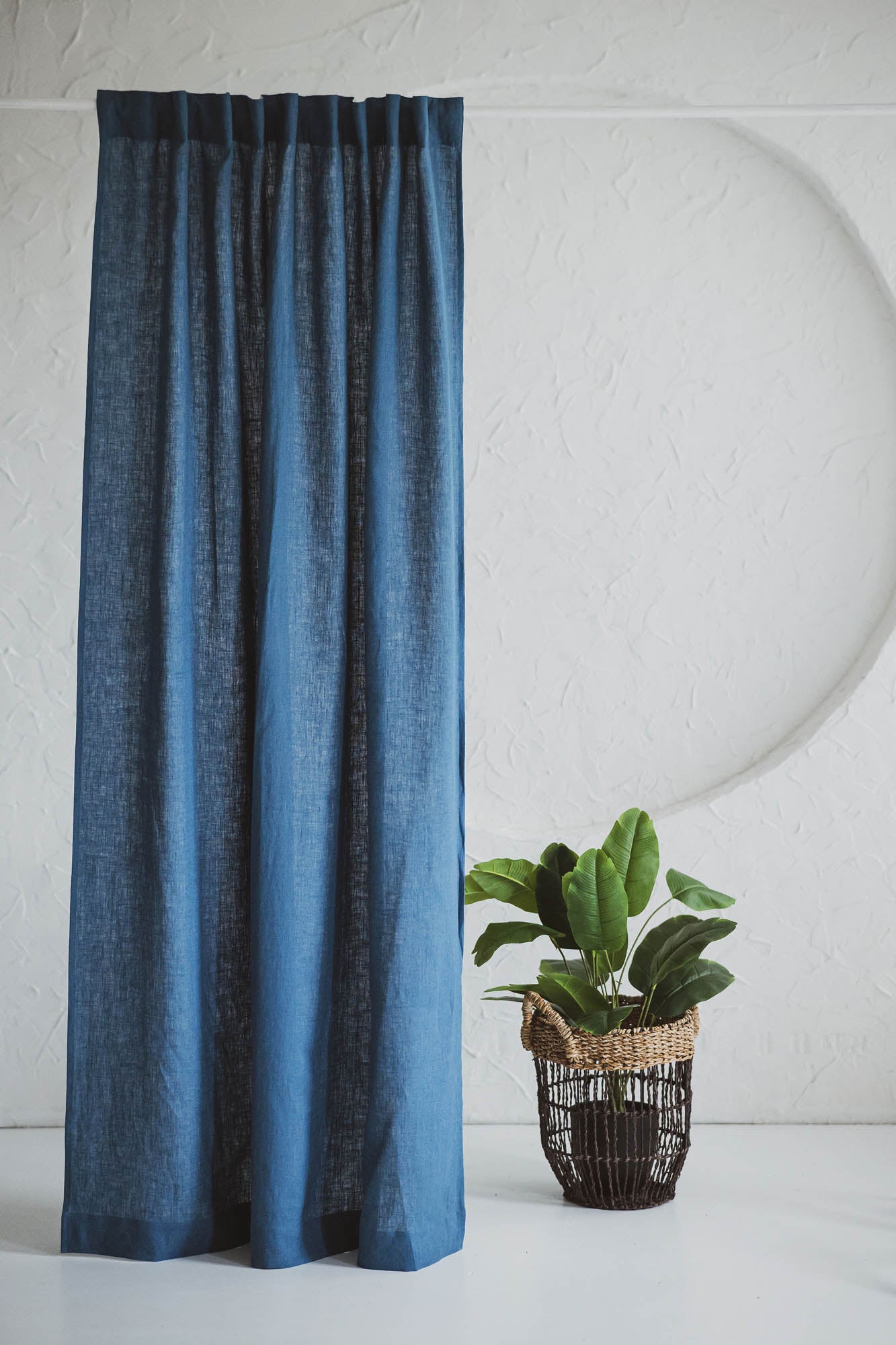 Cornflower blue linen curtain with multifunctional heading tape