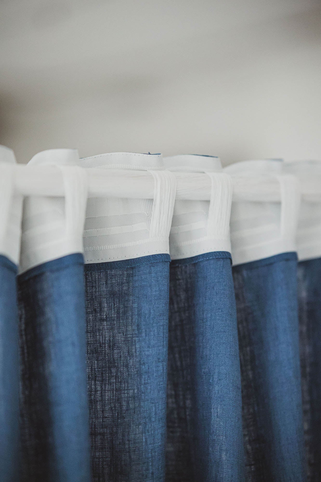 Cornflower blue linen curtain with multifunctional heading tape