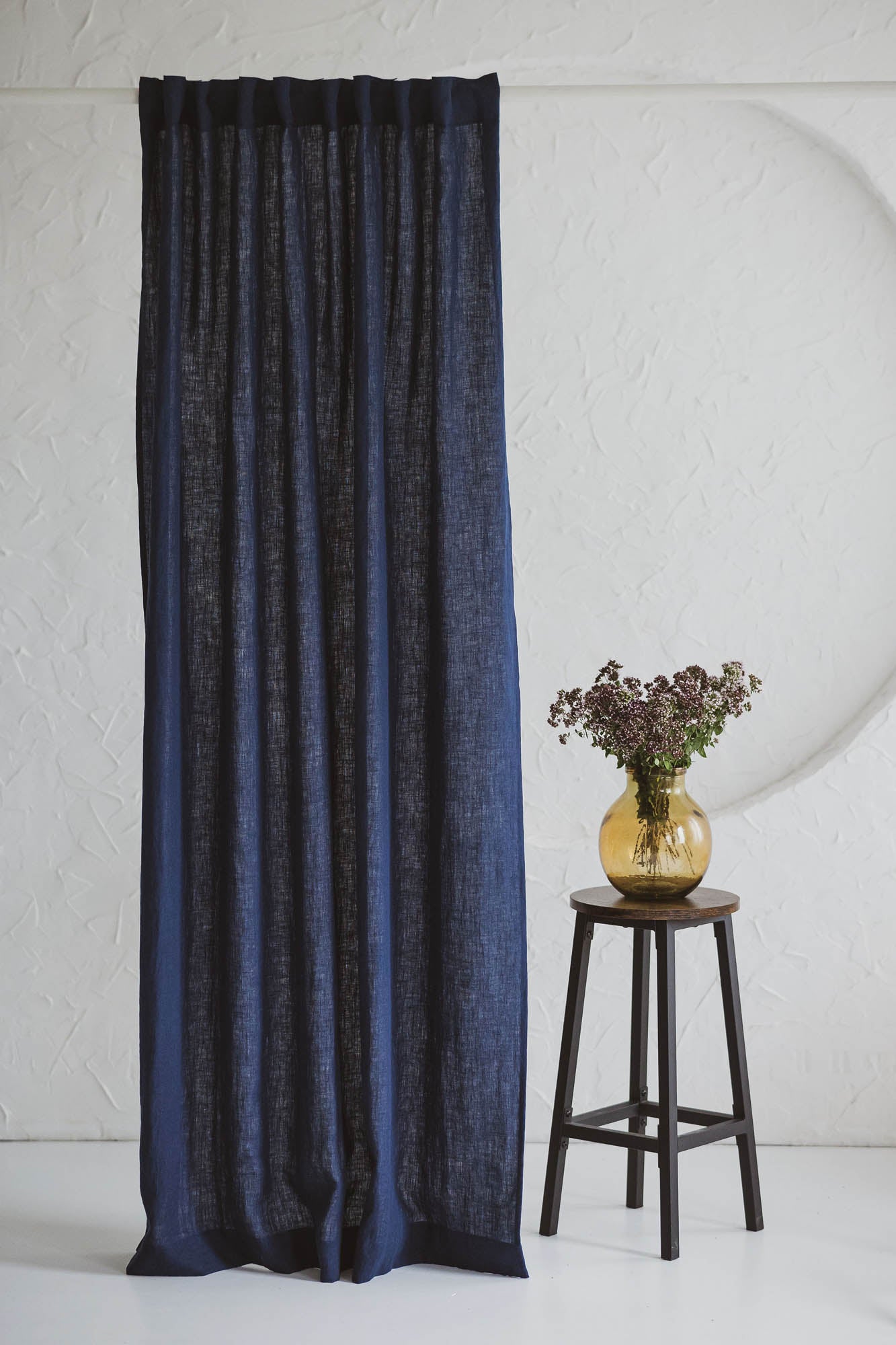 Midnight blue linen curtain with multifunctional heading tape