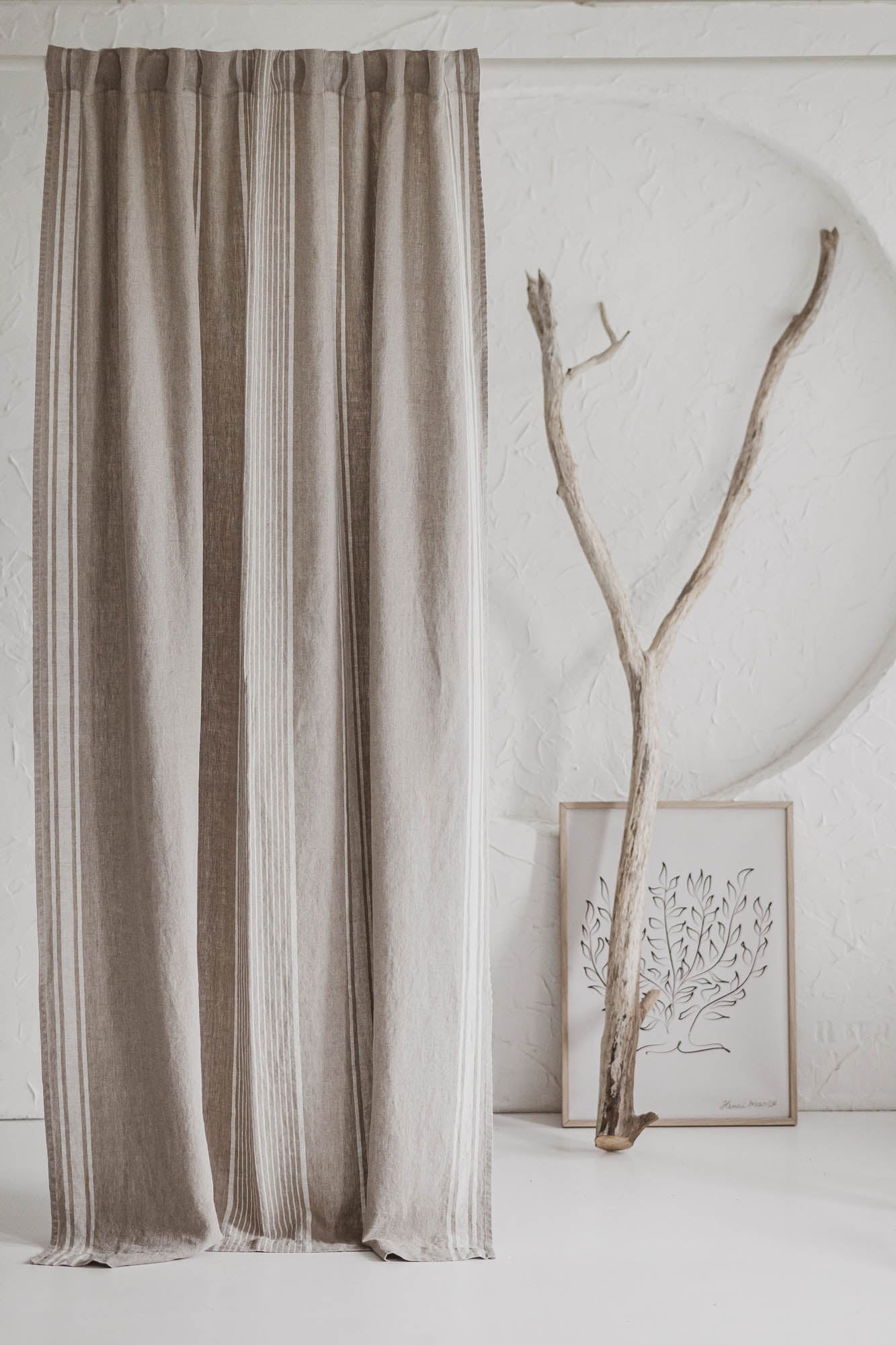 French style linen curtain with natural stripes and multifunctional heading tape