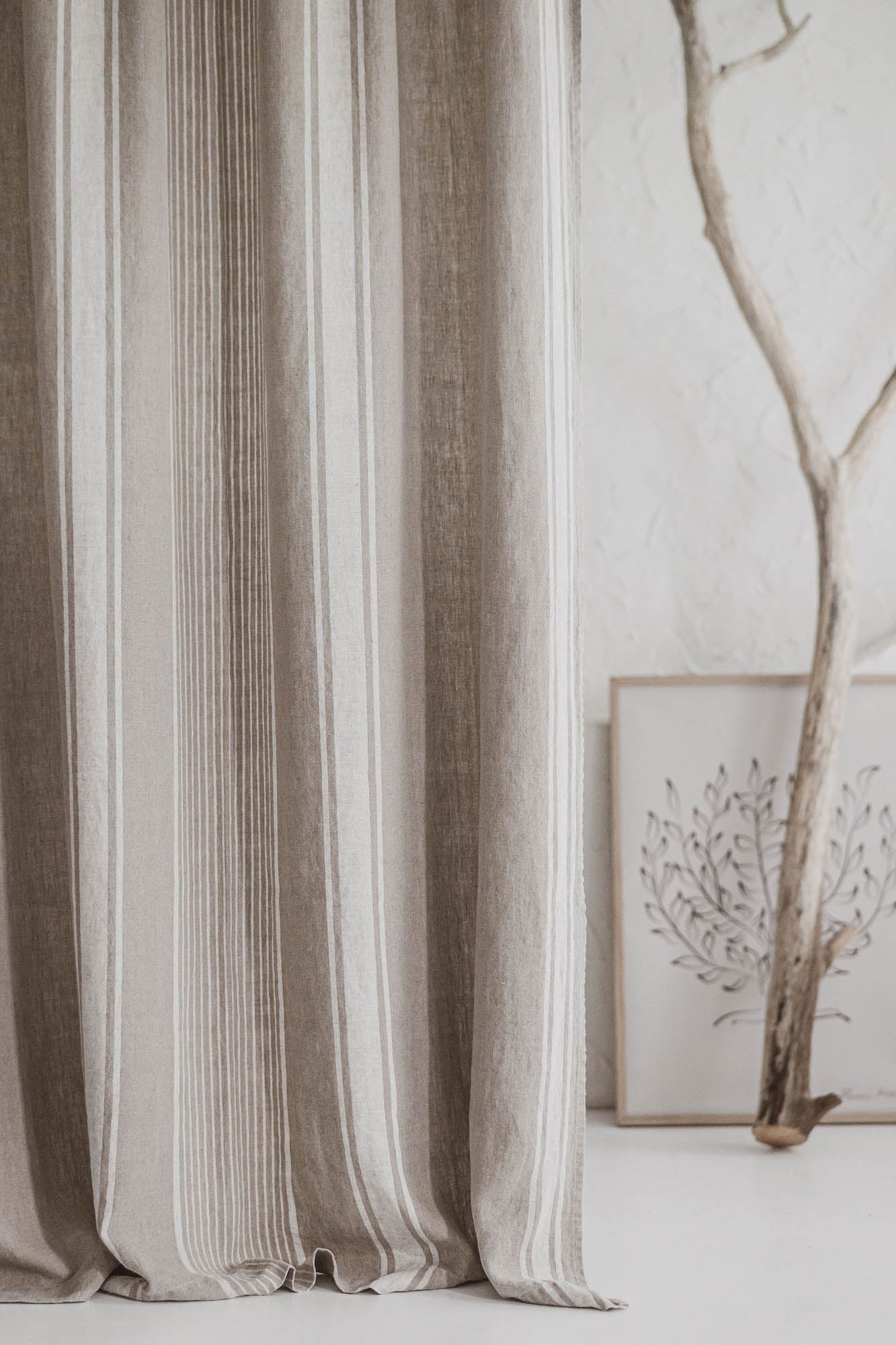 French style linen curtain with natural stripes and multifunctional heading tape