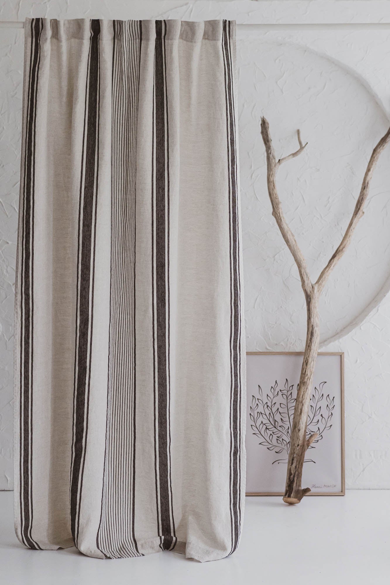 French style linen curtain with black stripes and multifunctional heading tape