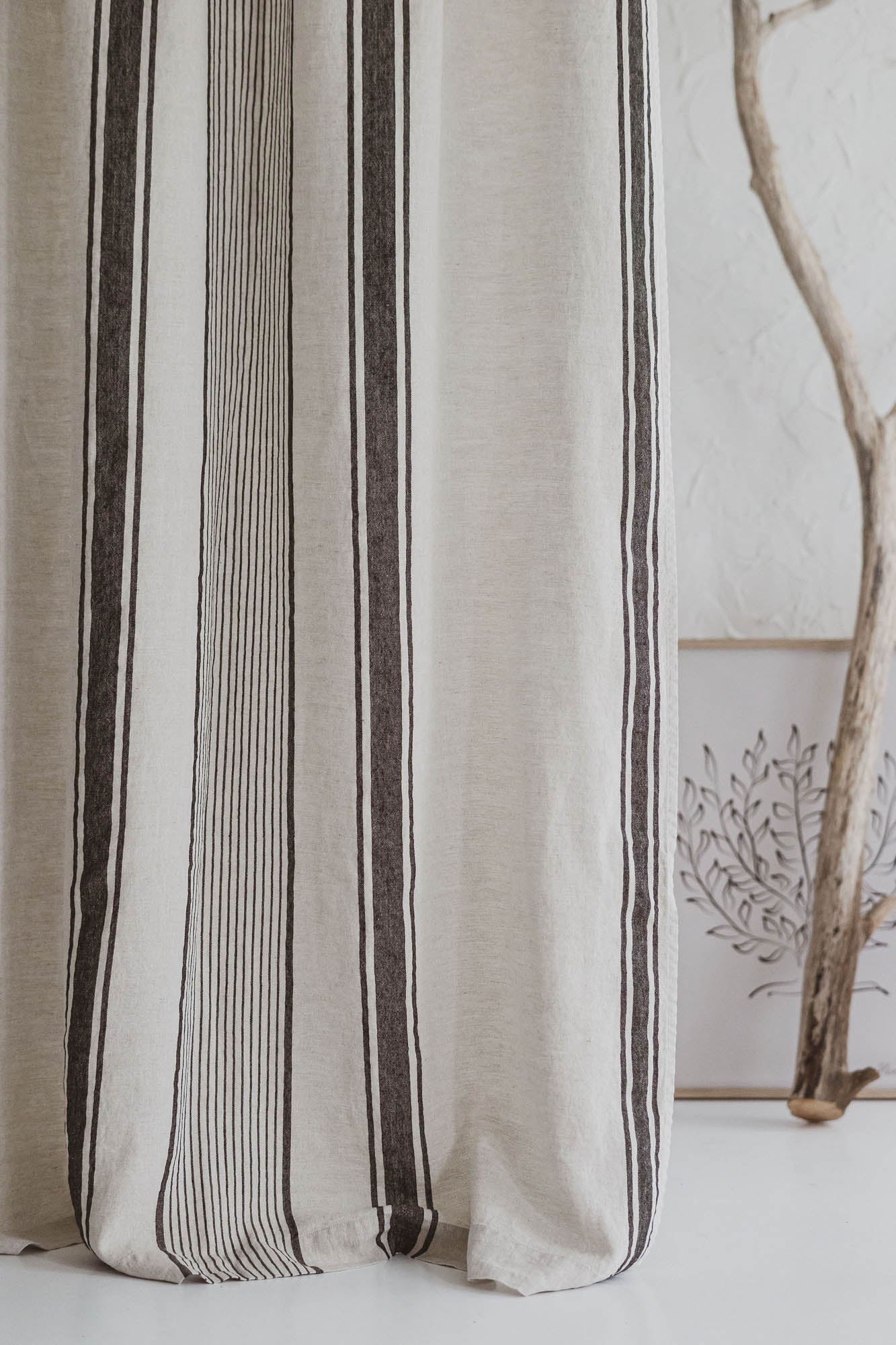 French style linen curtain with black stripes and multifunctional heading tape