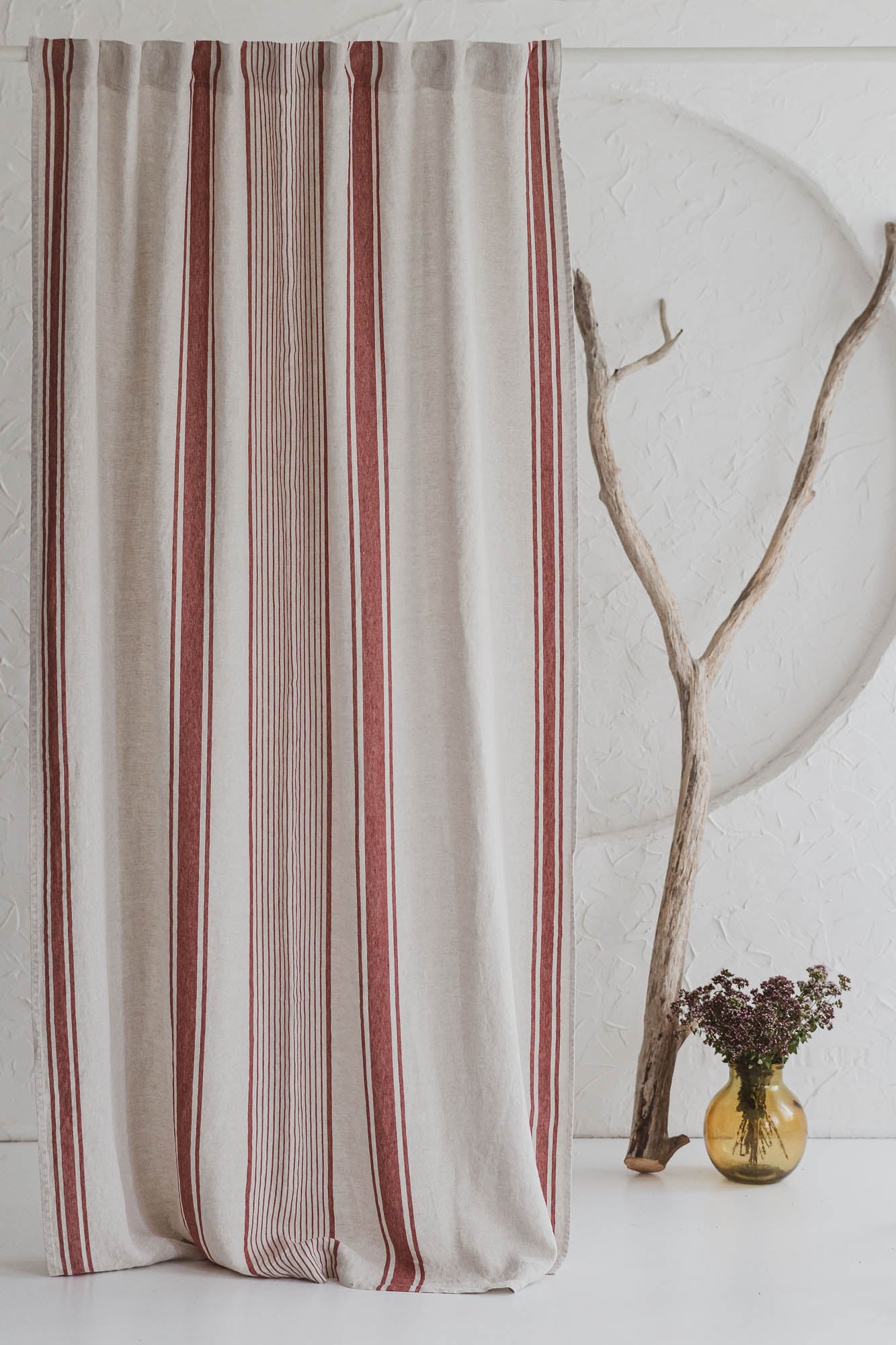 French style linen curtain with cherry red stripes and multifunctional heading tape