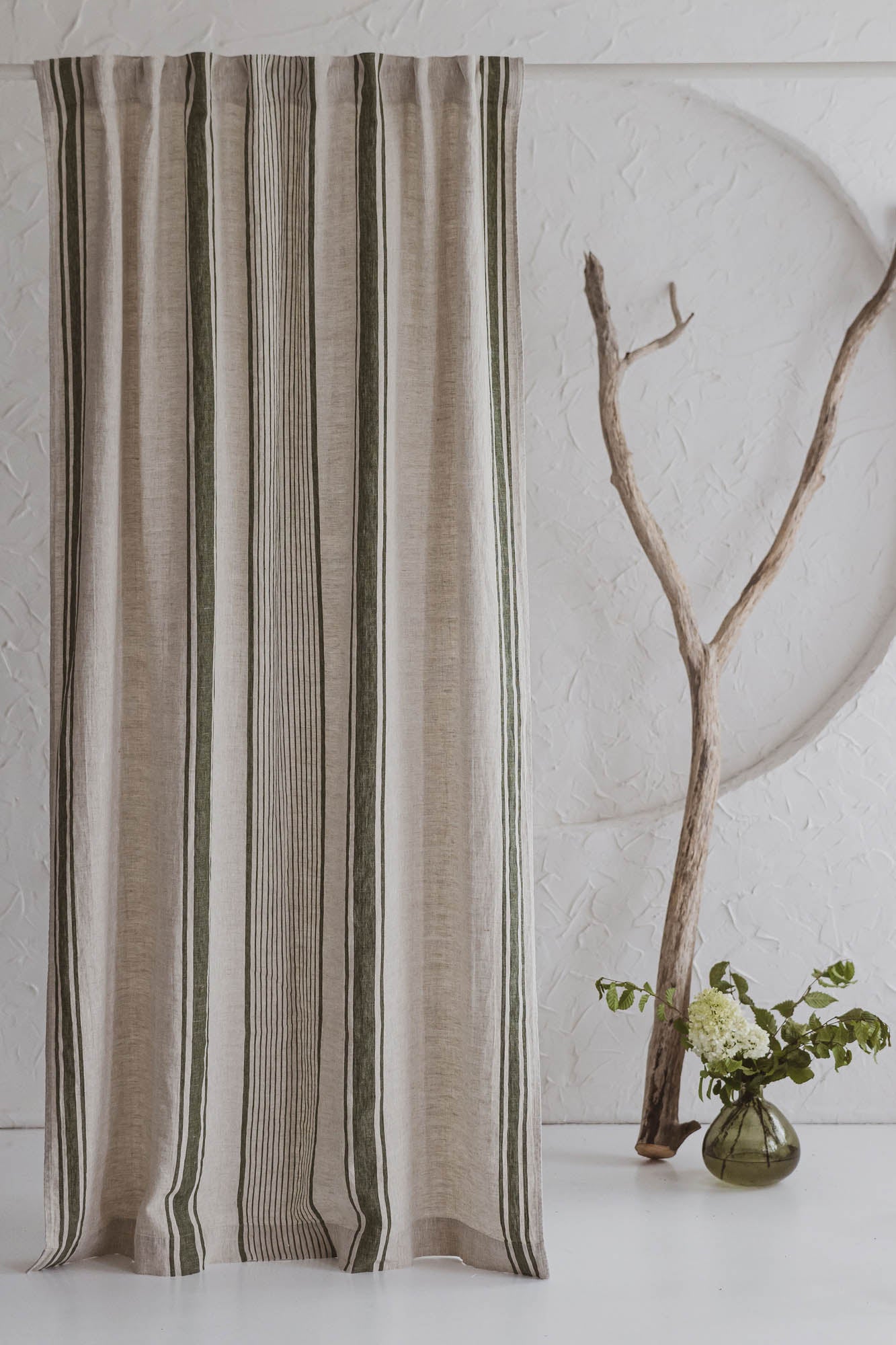 French style linen curtain with green stripes and multifunctional heading tape