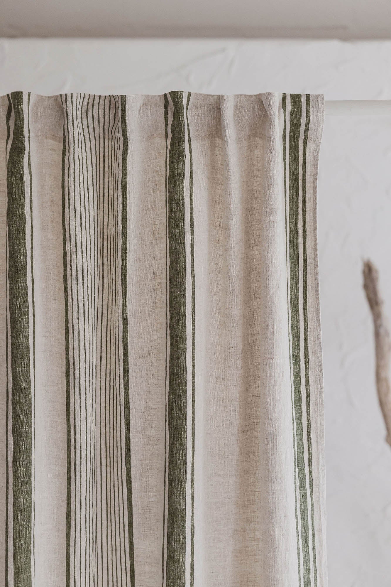 French style linen curtain with green stripes and multifunctional heading tape