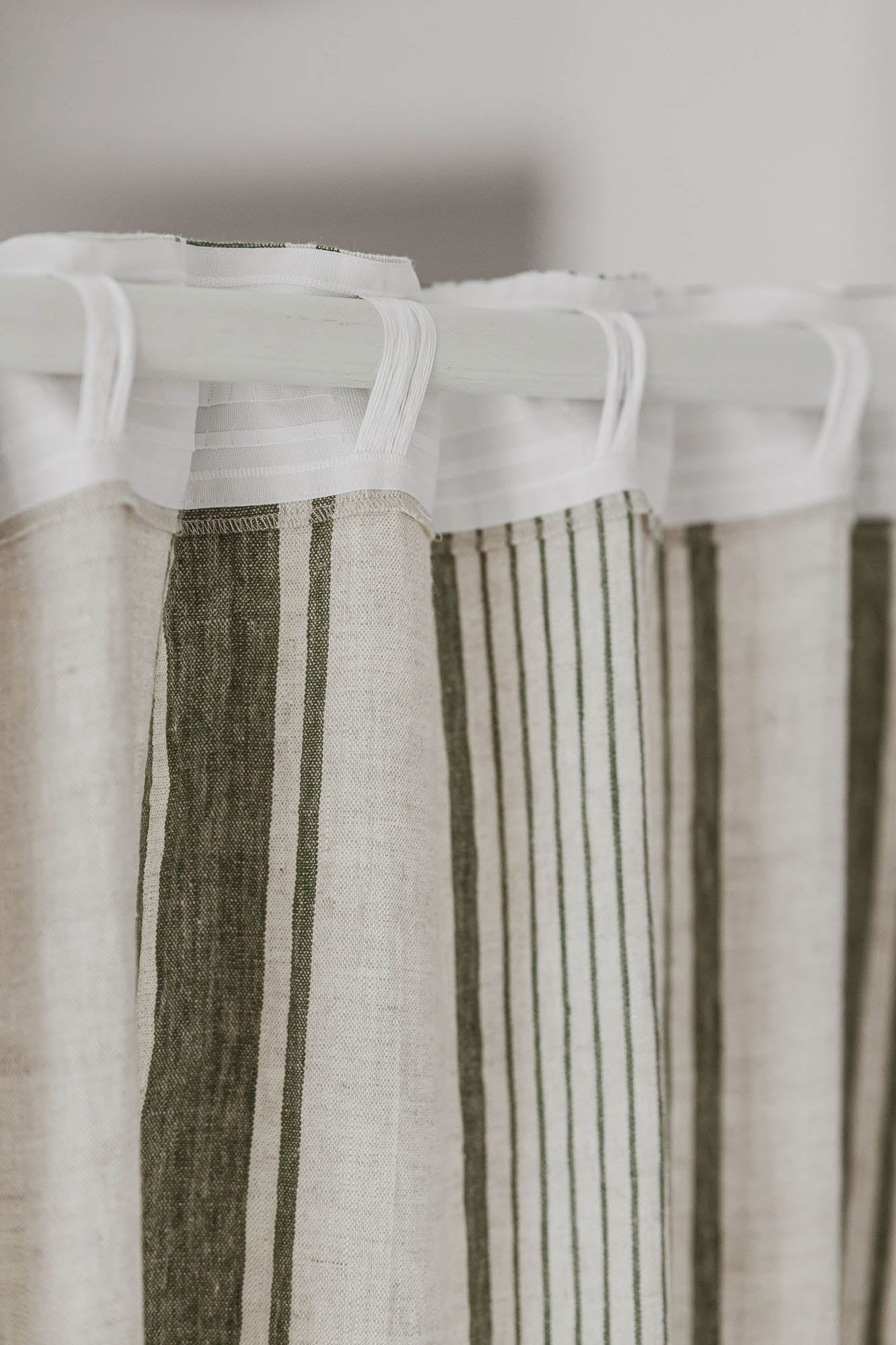 French style linen curtain with green stripes and multifunctional heading tape