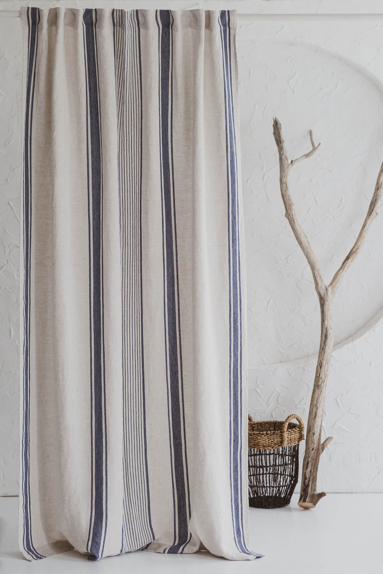 French style linen curtain with blue stripes and multifunctional heading tape