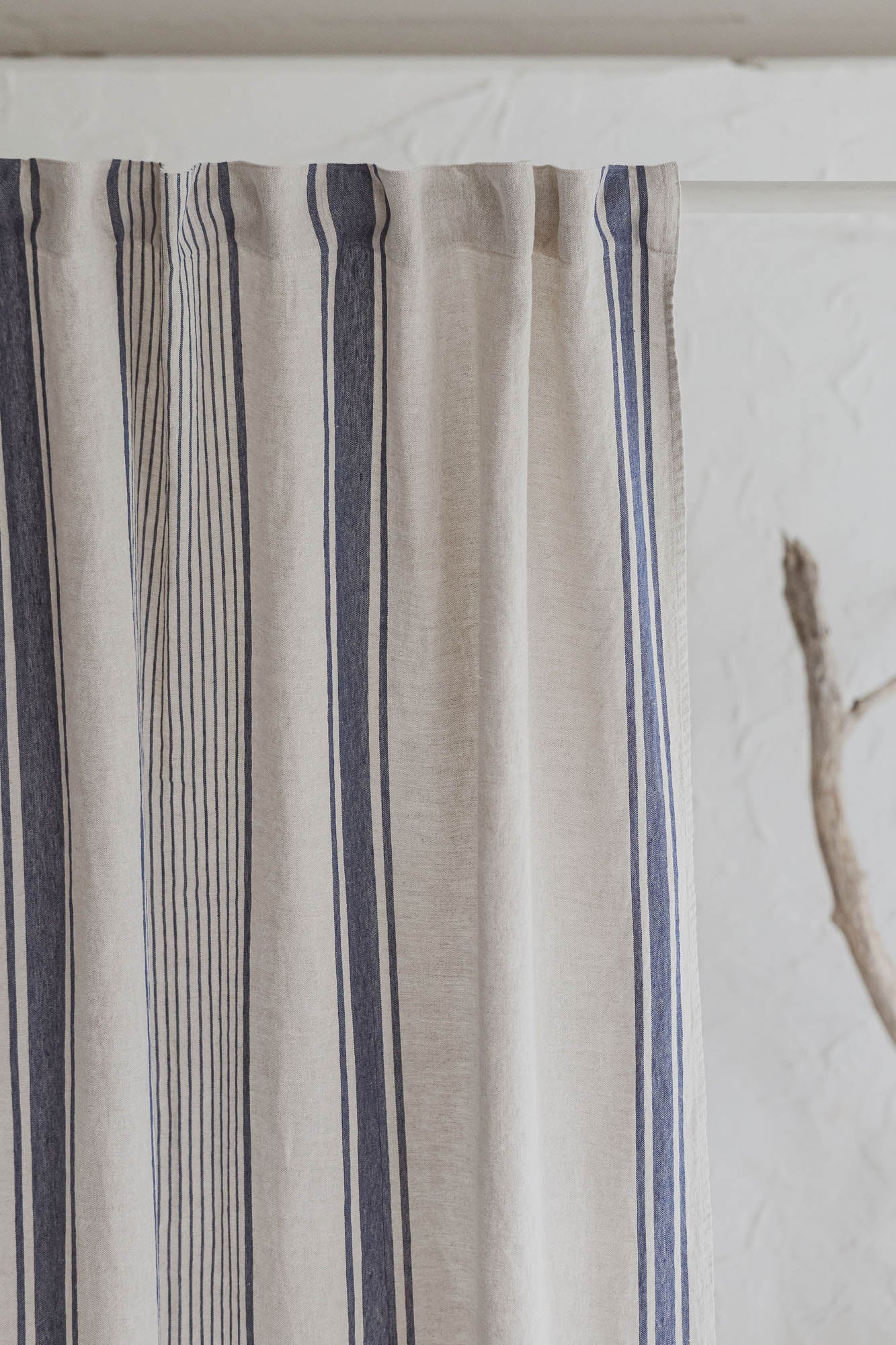 French style linen curtain with blue stripes and multifunctional heading tape