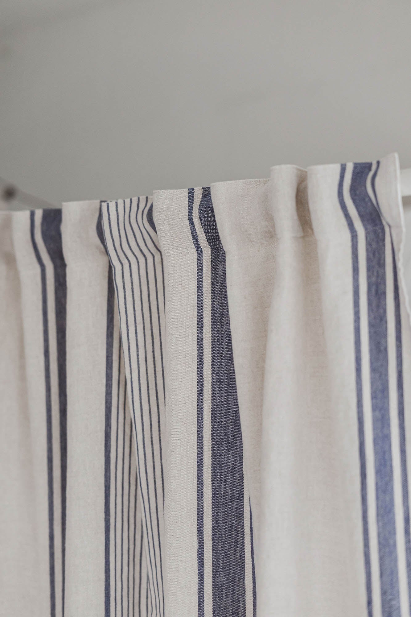 French style linen curtain with blue stripes and multifunctional heading tape