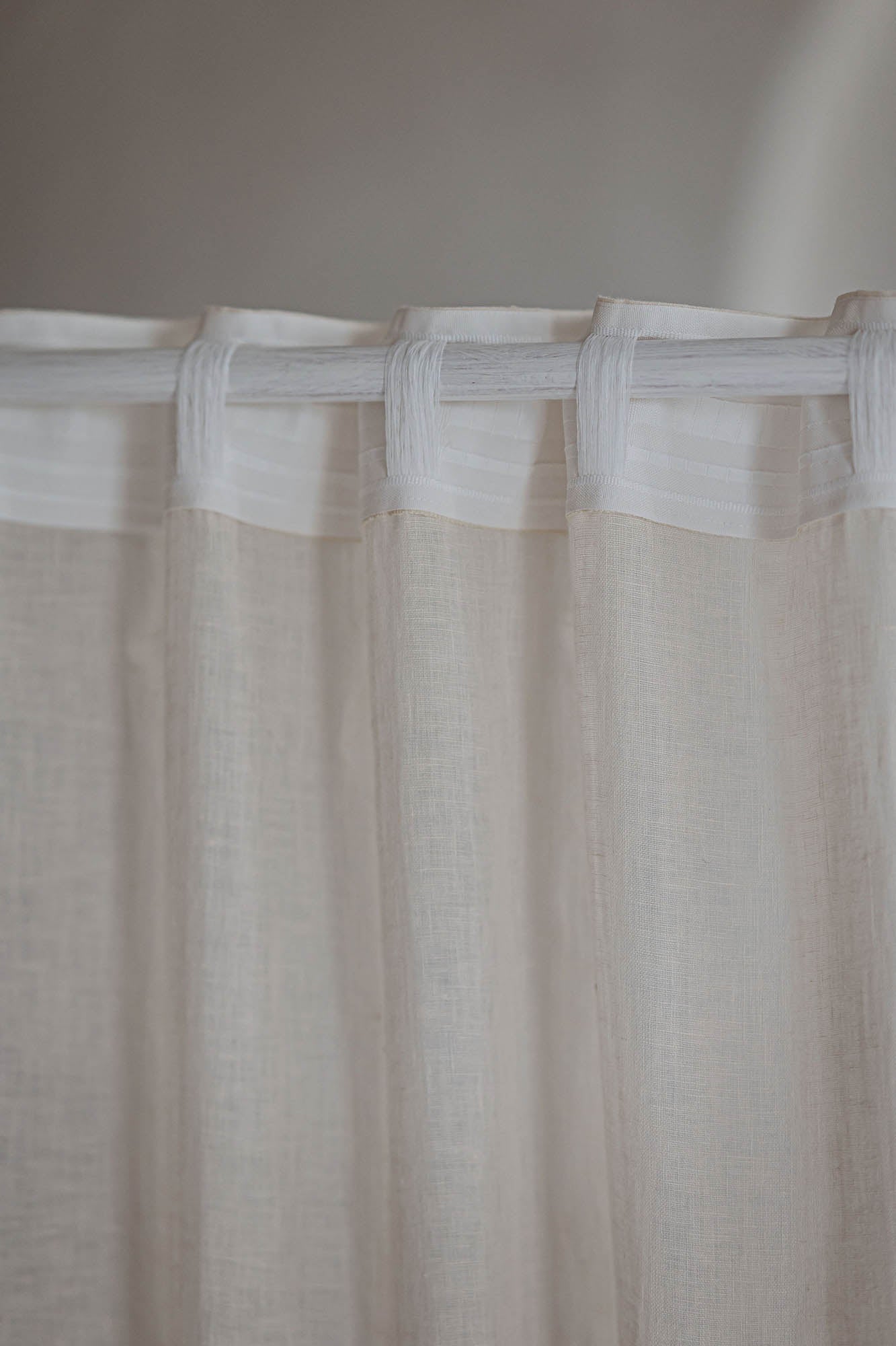Light cream sheer linen curtain with multifunctional heading tape