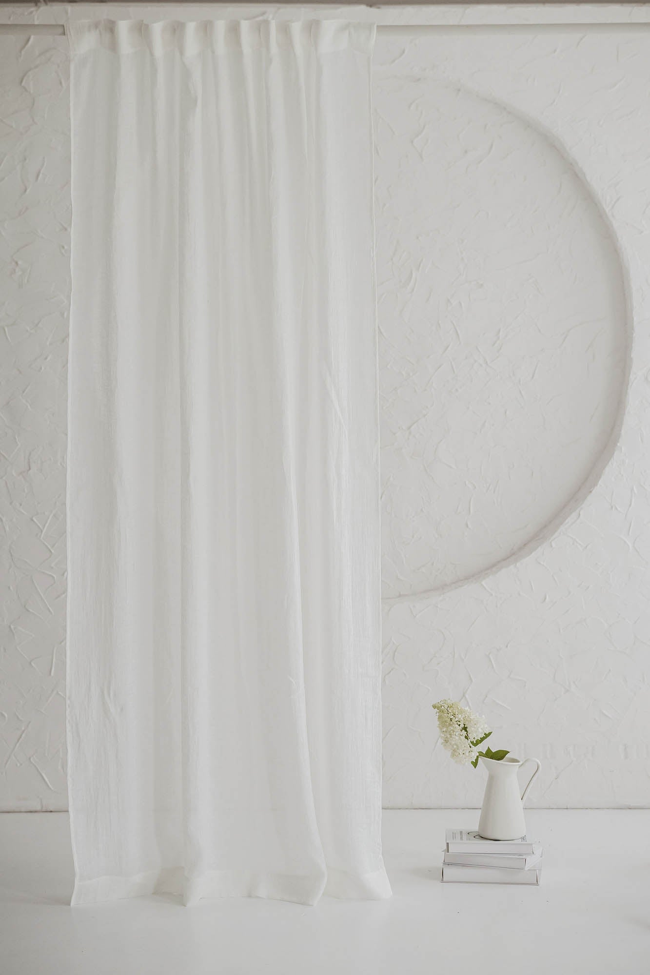 Off white sheer linen curtain with multifunctional heading tape