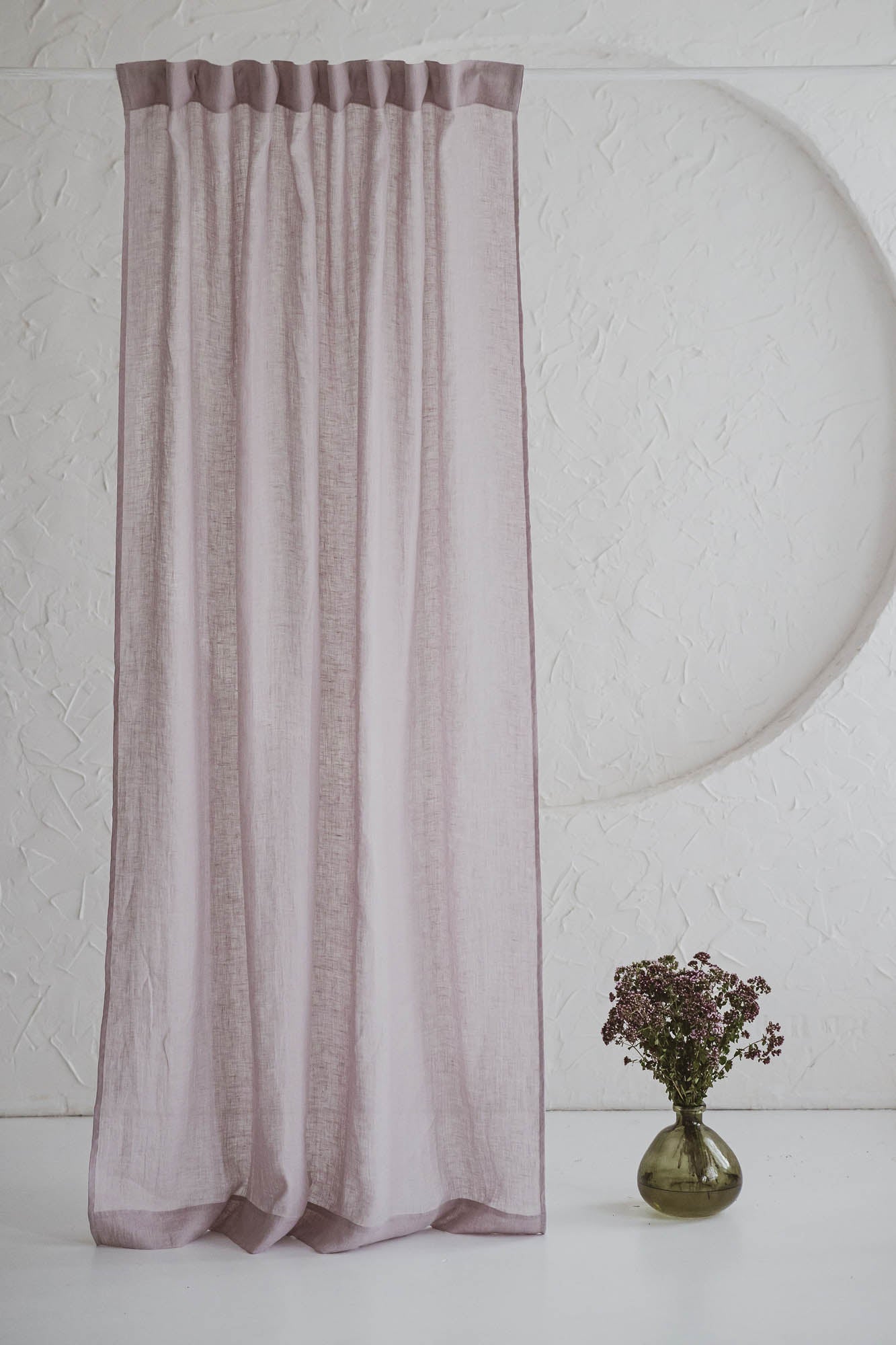 Light lilac sheer linen curtain with multifunctional heading tape