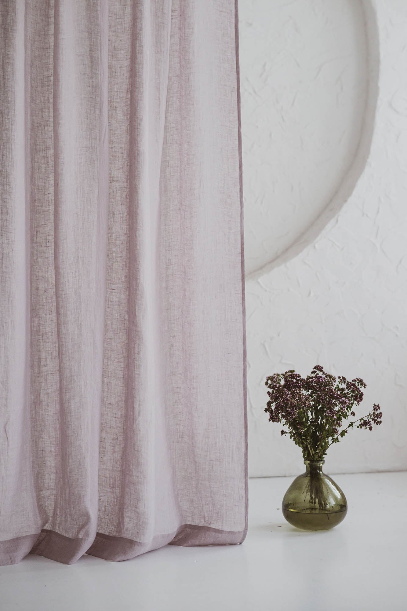 Light lilac sheer linen curtain with multifunctional heading tape