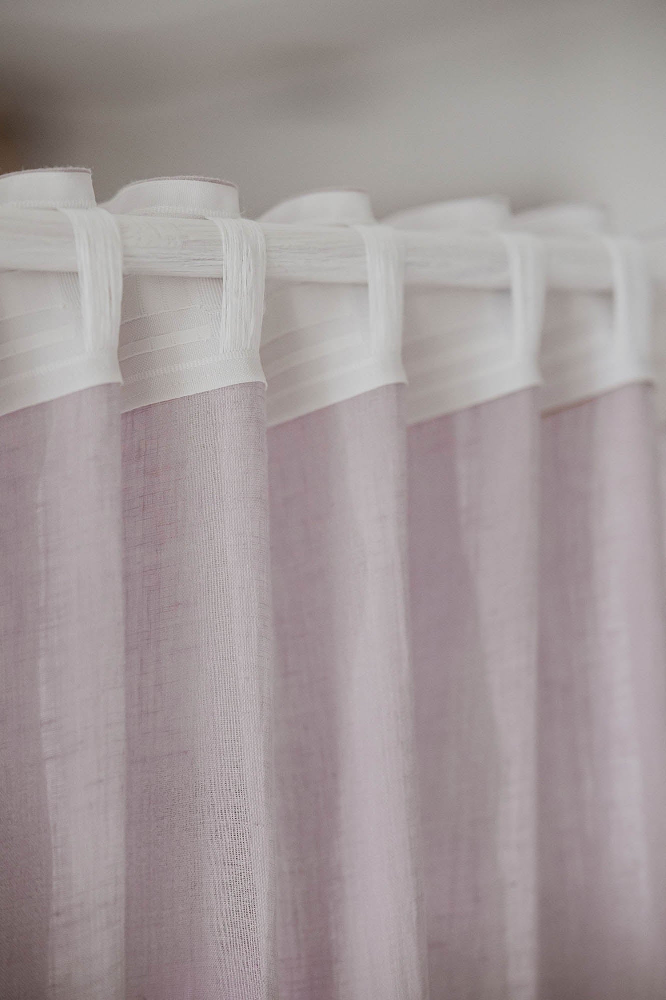 Light lilac sheer linen curtain with multifunctional heading tape