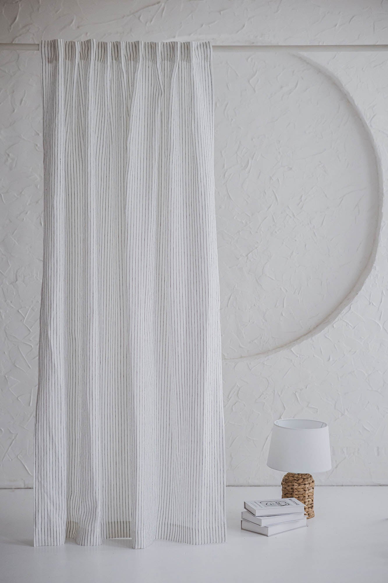 White and black striped linen curtain with multifunctional heading tape
