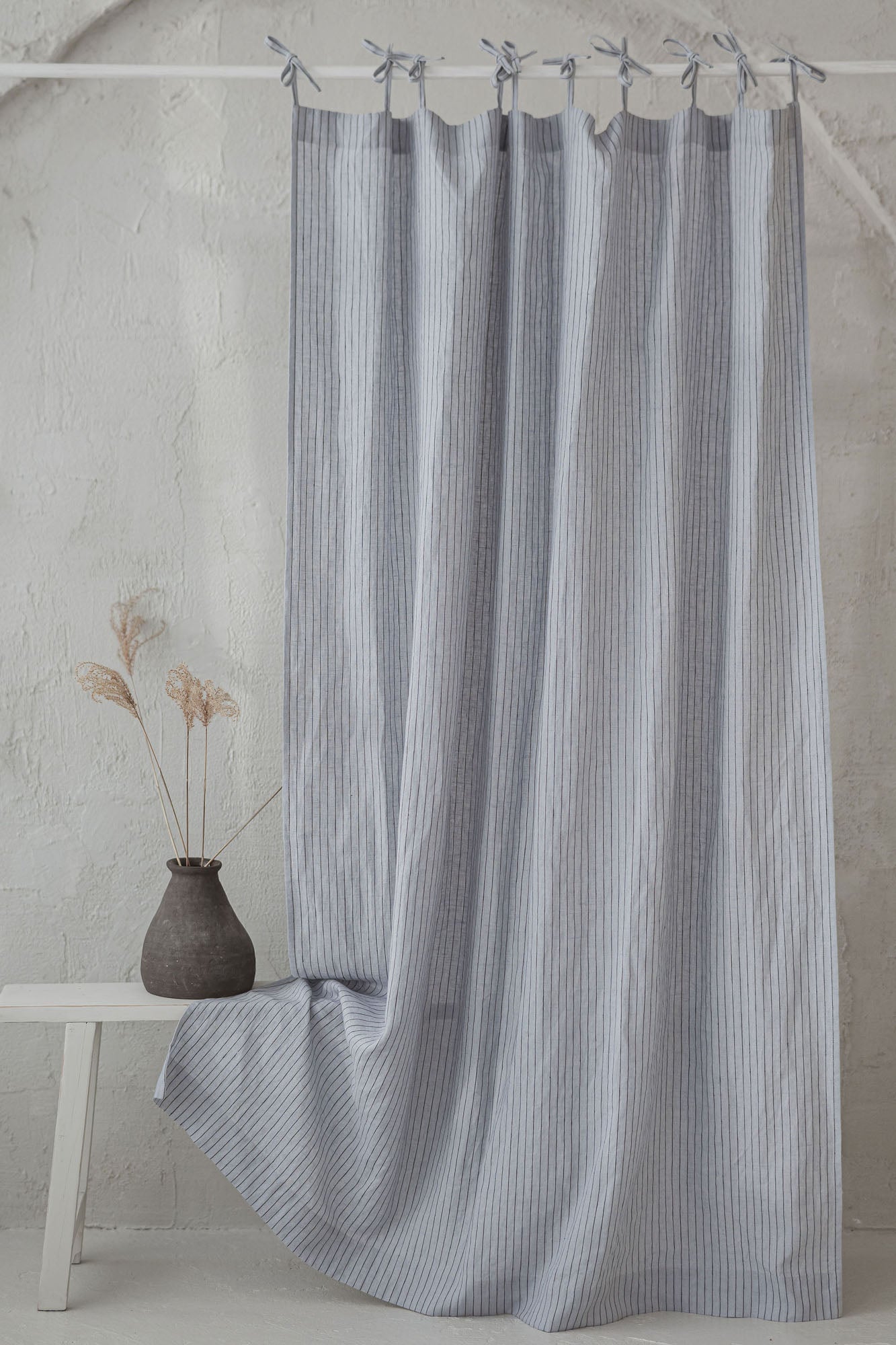 Tie top grey linen curtain with black stripes