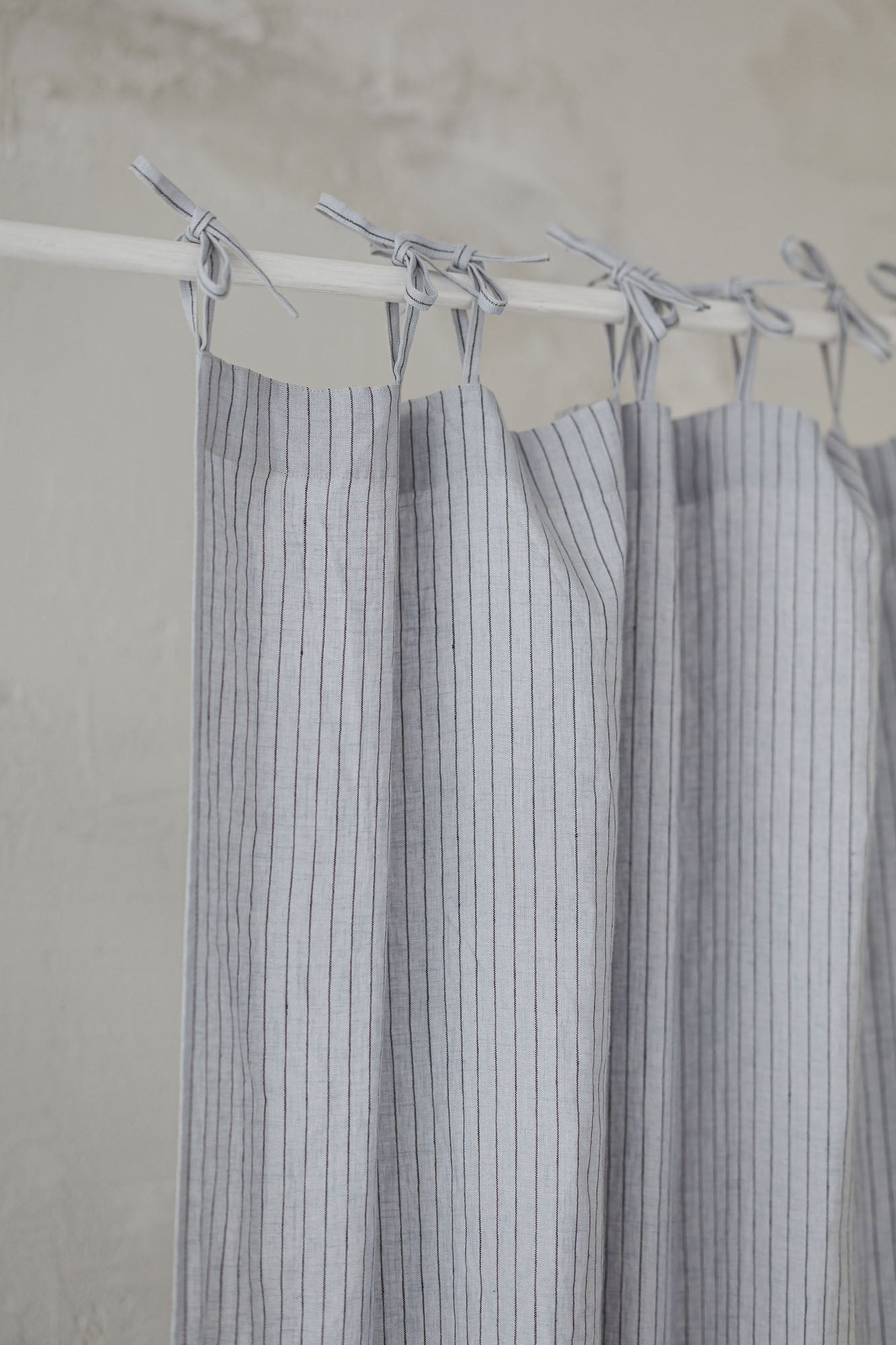 Tie top grey linen curtain with black stripes