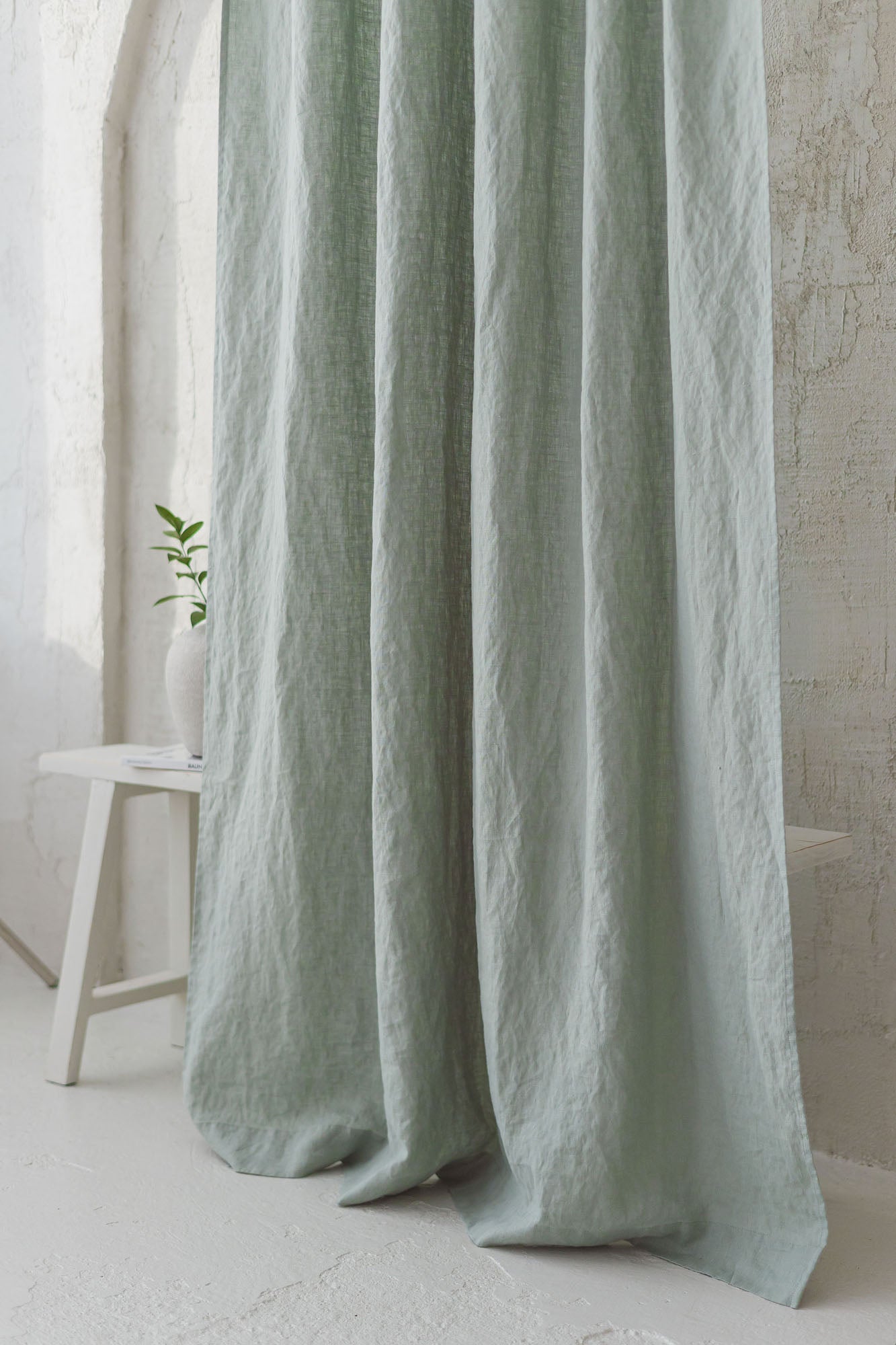 Tie top frosty green linen curtain