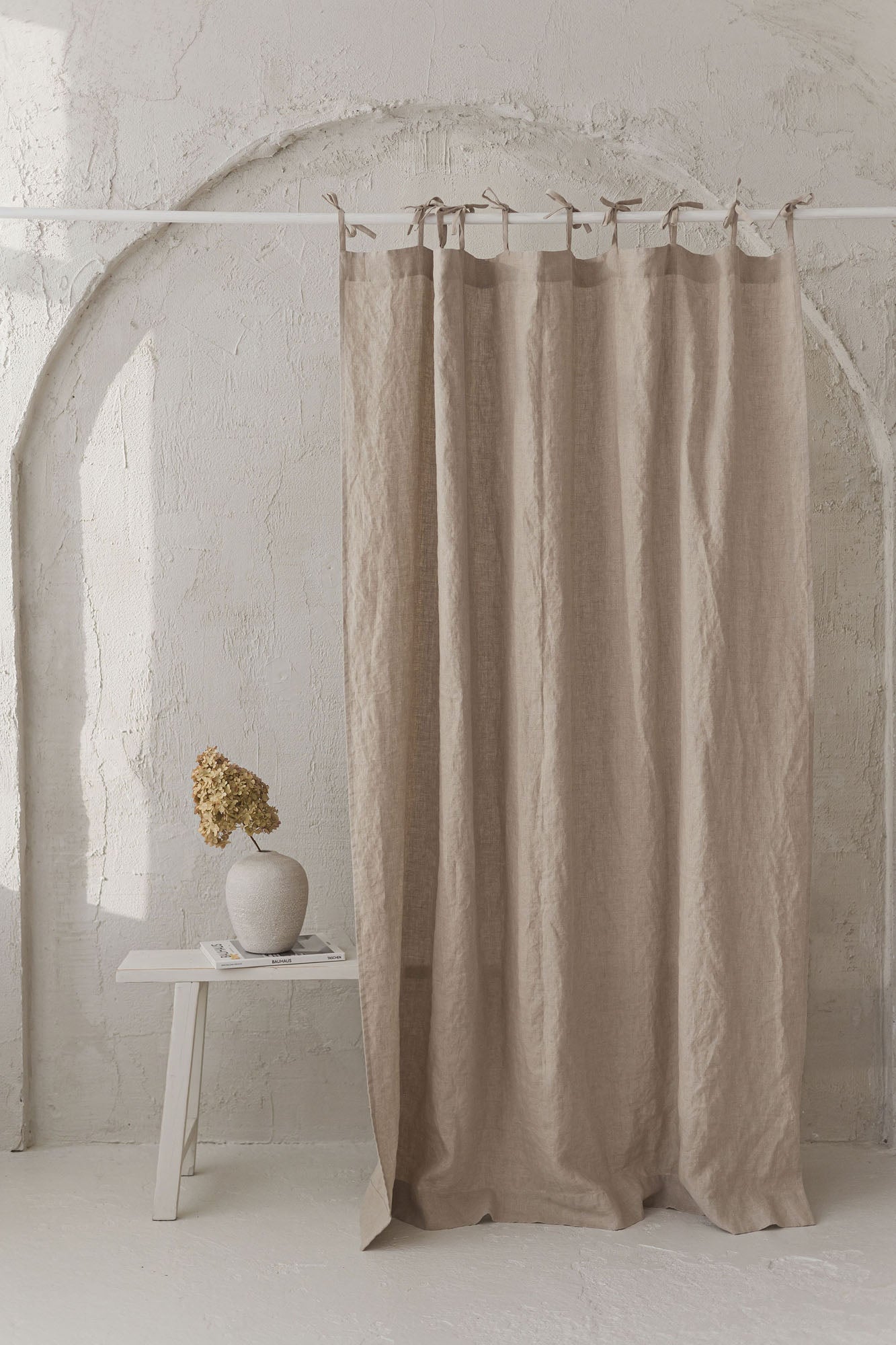 Tie top natural linen curtain