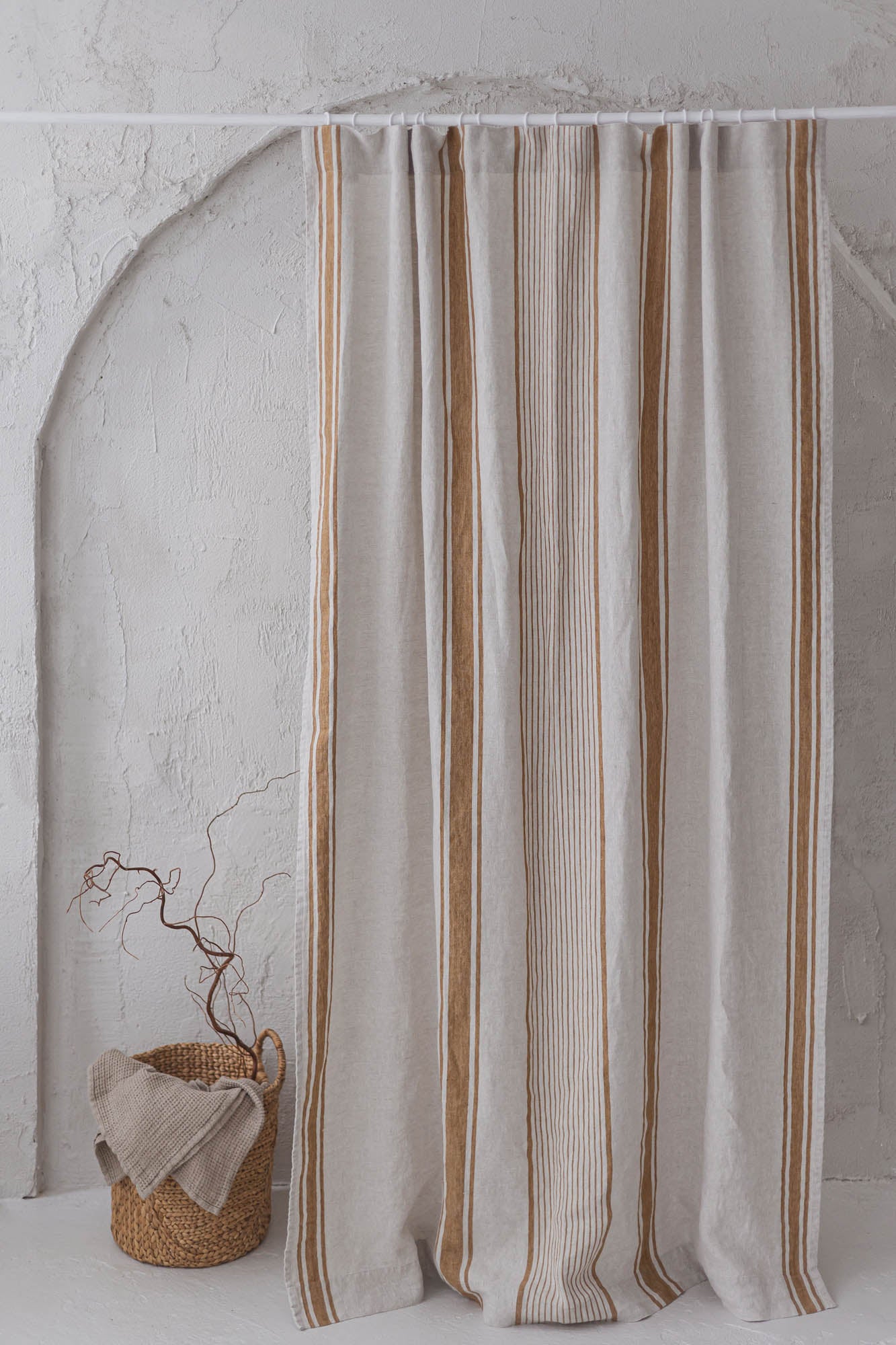 French style linen curtain with golden stripes and multifunctional heading tape