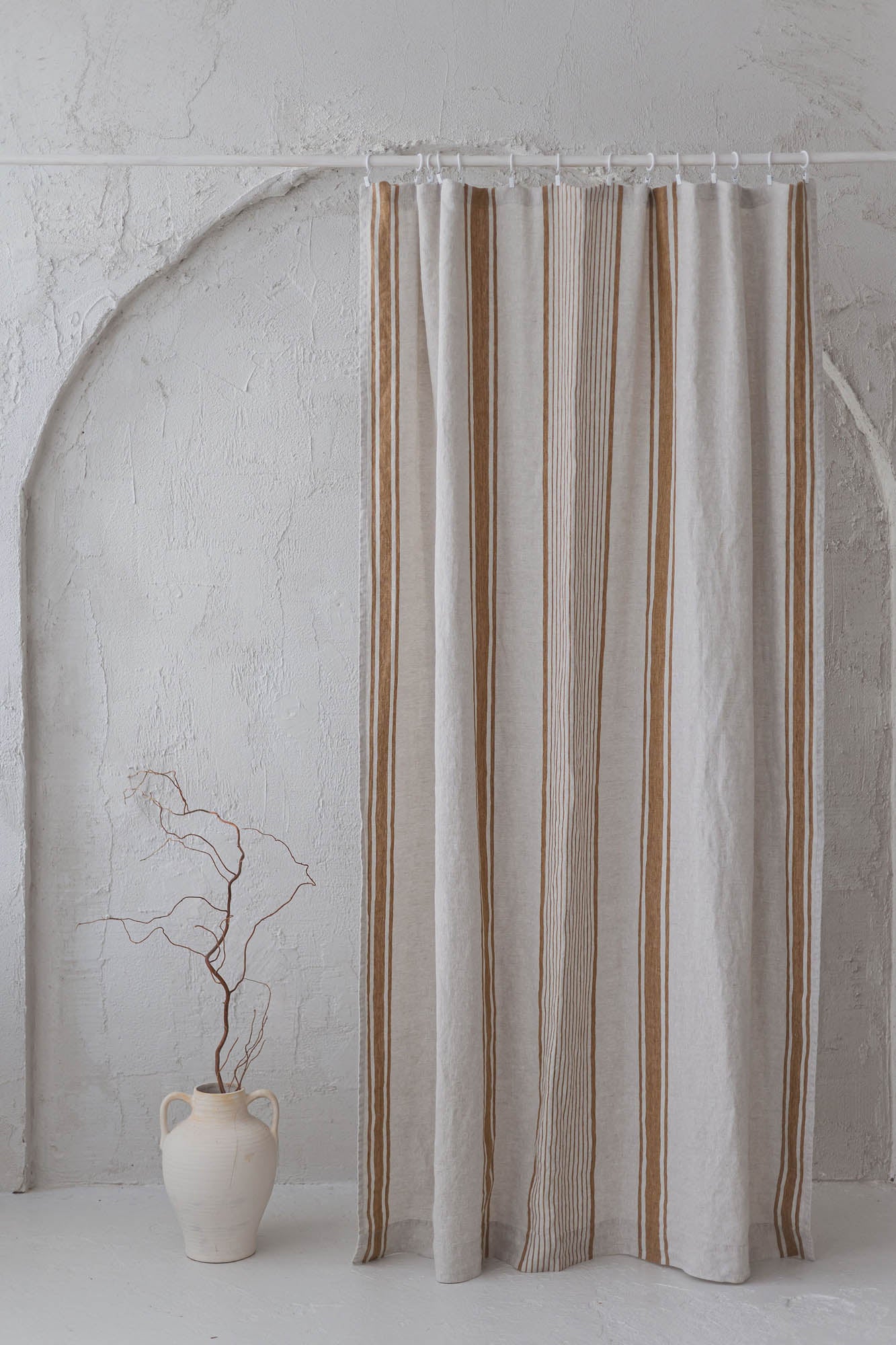 French style linen curtain with golden stripes and simple hem, for clips