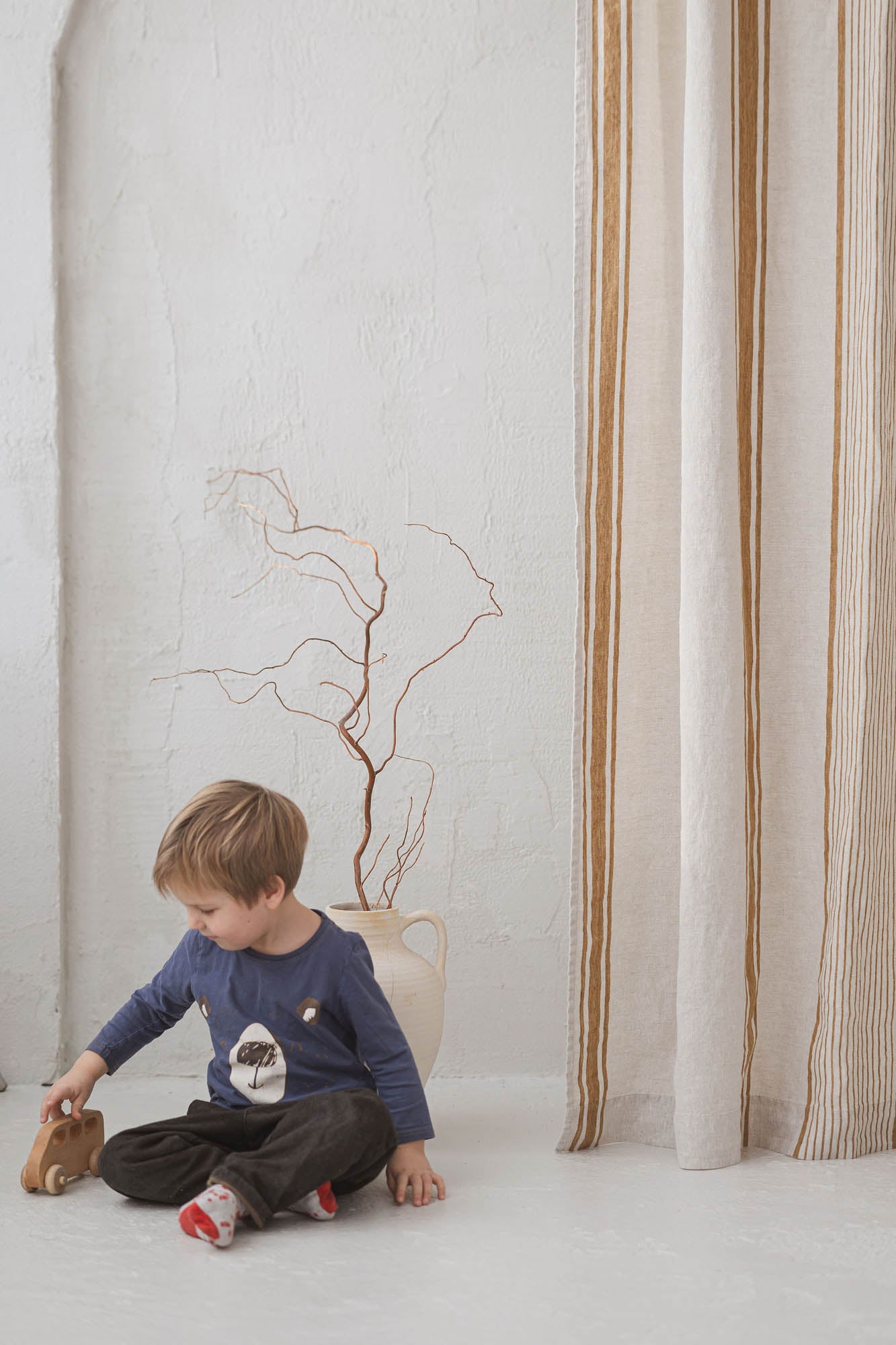 French style linen curtain with golden stripes and simple hem, for clips