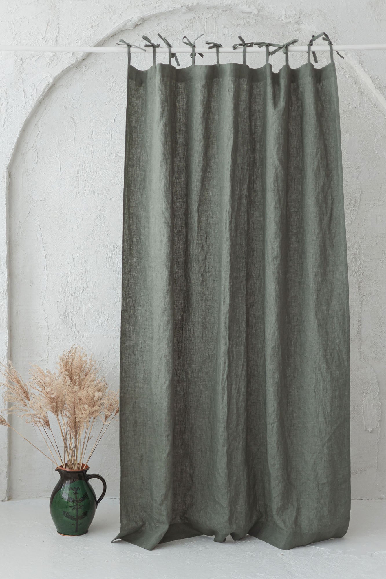 Tie top gray green linen curtain